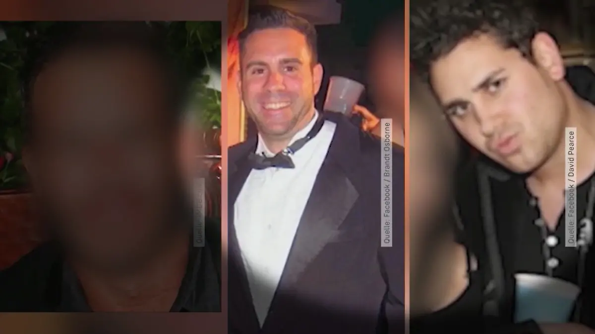 Drei Männer stehen für das schreckliche Verbrechen vor Gericht. David Pierce (rechts) gilt als Hauptangeklagter. Mit ihm sitzt sein Freund Brent Osborne auf der Anklagebank. Ein dritter Mann (links) soll als Kronzeuge aussagen.