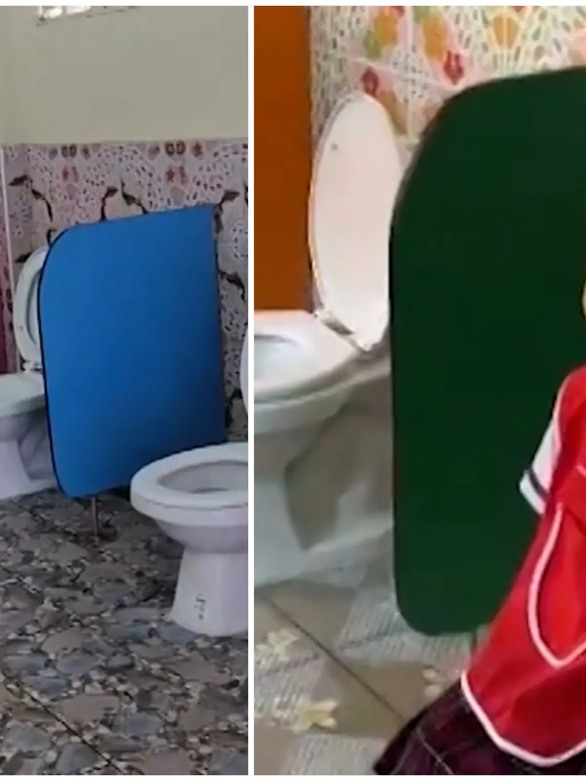 Fotokollage: Links die Unisex-Toiletten mit bunten Trennwänden, links sitzt ein Mädchen auf einer der Toiletten