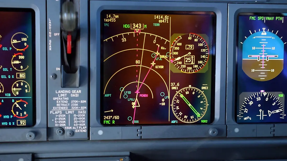 Blick auf ein TCAS-Kollisionswarnsystem (M) im Cockpit einer 737-800 der Air Berlin am 11.7.2002 im Flug über der Schweiz.