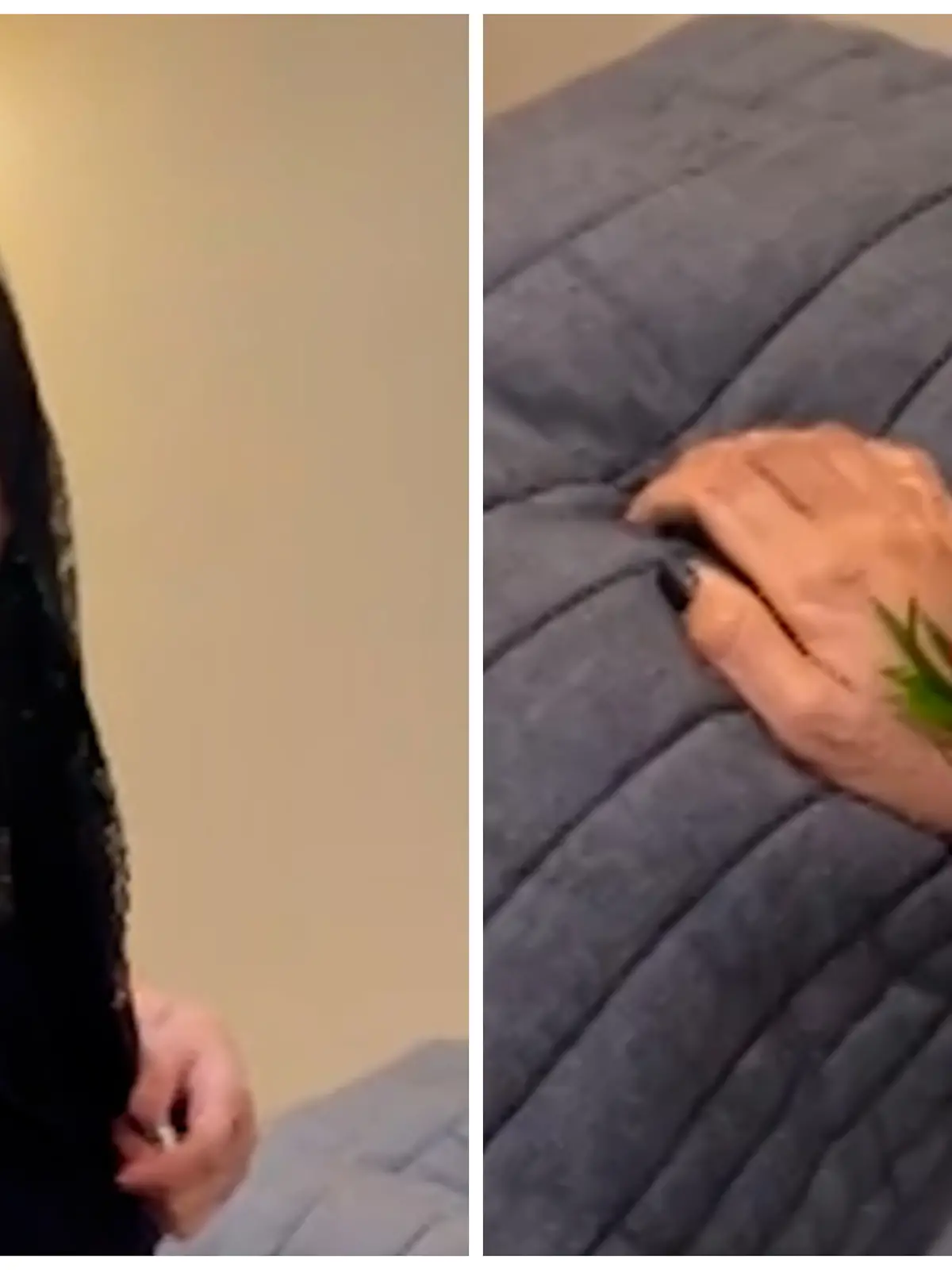 Fotokollage: Links Ekdiara fröhlich mit Trauerschleier, rechts ihr aufgebahrter, rechter Arm