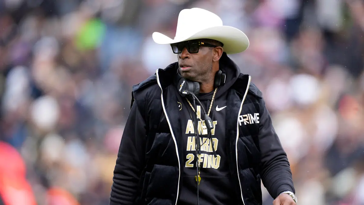 FILE - Colorado head coach Deion Sanders looks on in the first half of the team's spring practice NCAA college football game, April 22, 2023, in Boulder, Colo. Sanders is scheduled to undergo surgery Friday, June 23, for a blood clot in each leg, the University of Colorado football coach revealed in a video he posted. (AP Photo/David Zalubowski, File)