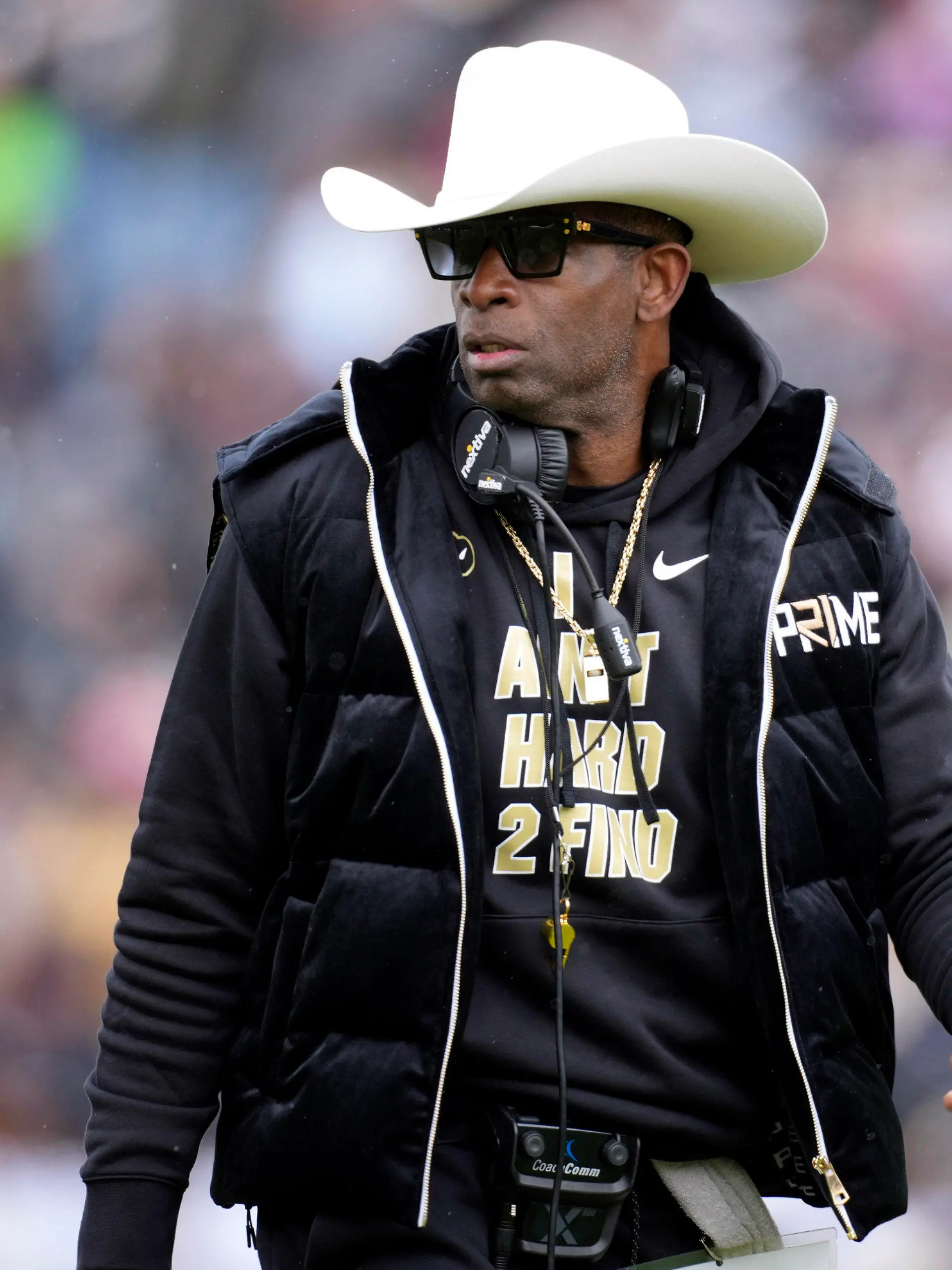 FILE - Colorado head coach Deion Sanders looks on in the first half of the team's spring practice NCAA college football game, April 22, 2023, in Boulder, Colo. Sanders is scheduled to undergo surgery Friday, June 23, for a blood clot in each leg, the University of Colorado football coach revealed in a video he posted. (AP Photo/David Zalubowski, File)