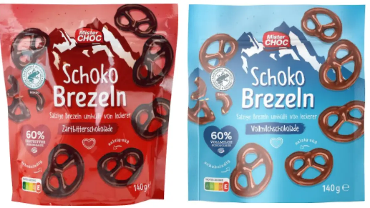MisterChoc Schoko Brezeln in Zartbitter- und Vollmilchschokolade könnten Verletzungen im Mundraum verursachen.
