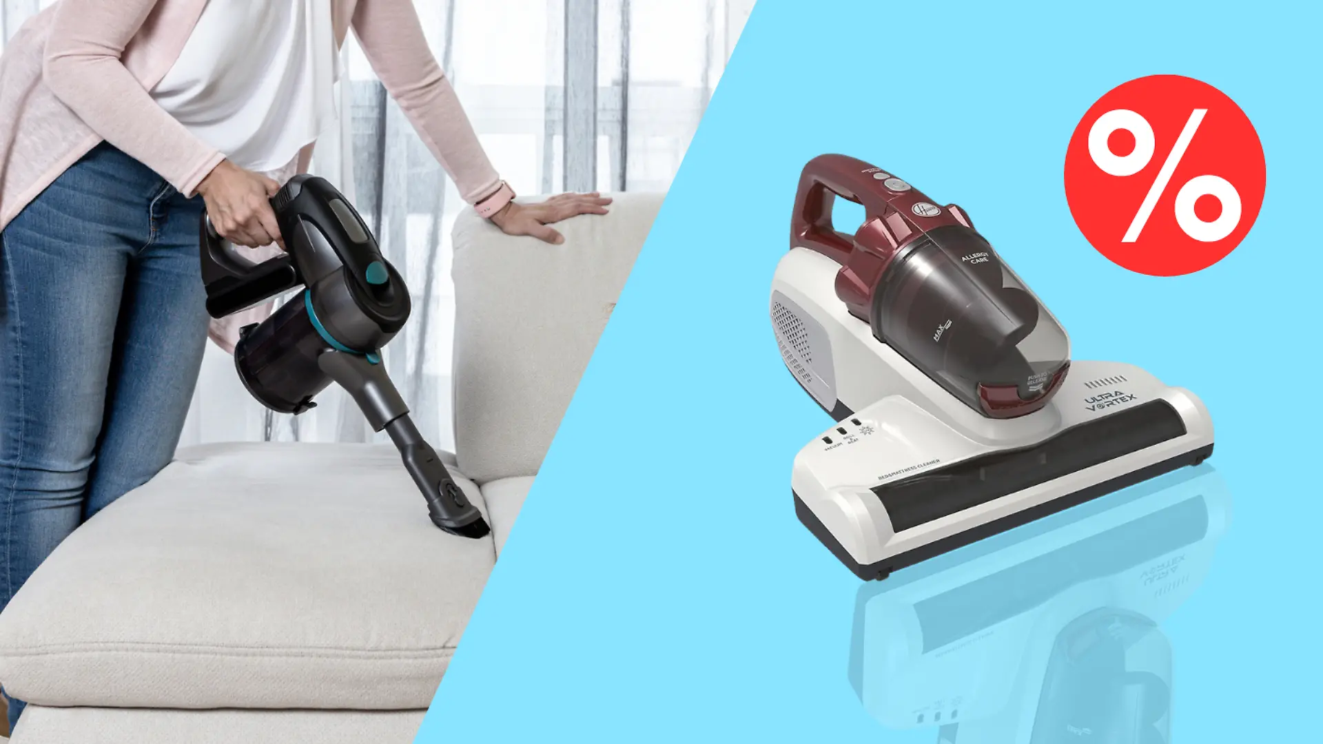 Frau saugt mit dem Hoover Staubsauger