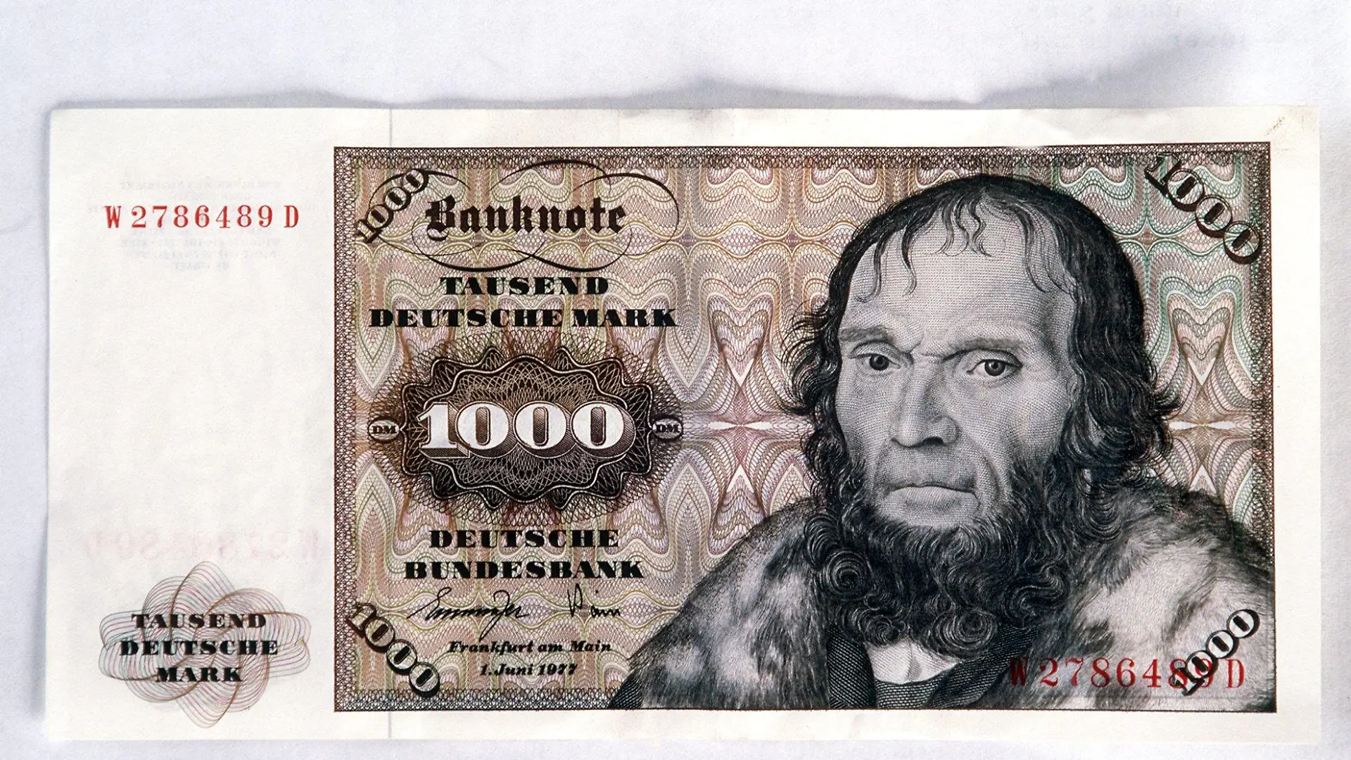 Die Vorseite einer Eintausend-Mark-Banknote, aufgenommen im Januar 1988.