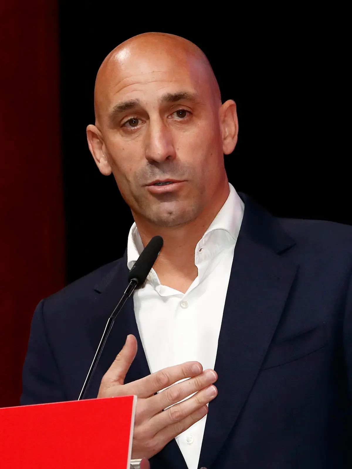 The president of the Spanish soccer federation Luis Rubiales speaks during an emergency general assembly meeting in Las Rozas, Friday Aug. 25, 2023. Rubiales has refused to resign despite an uproar for kissing a player, Jennifer Hermoso on the lips without her consent after the Women's World Cup final. Rubiales had also grabbed his crotch in a lewd victory gesture from the section of dignitaries with Spain's Queen Letizia and the 16-year old Princess Sofía nearby. (Real Federación Española de Fútbol/Europa Press via AP)
