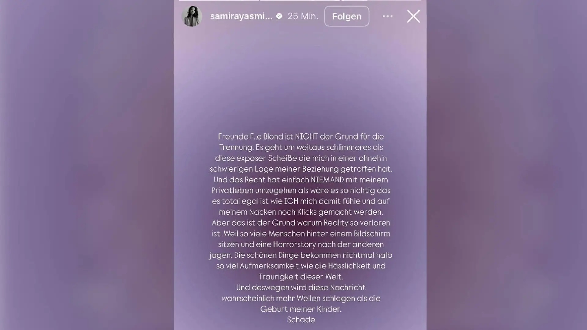 Screenshot Trennungsstatement Samira Yavuz. 