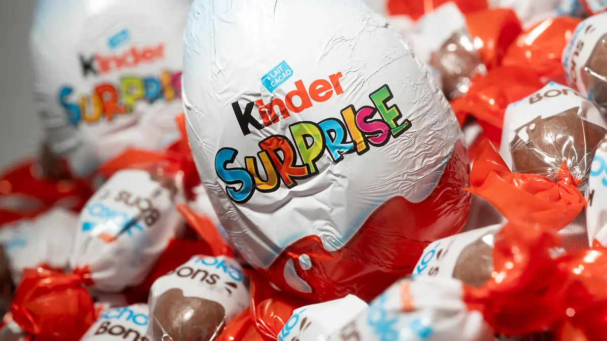 This photograph shows Kinder Surprise and Kinder Shokobons as a warning on Salmonella bacteria has been issued and products called back, taken in a studio in Clamart, on the outskirt of Paris, France on April 5, 2022. Photo by Daniel Derajinski/ABACAPRESS.COM