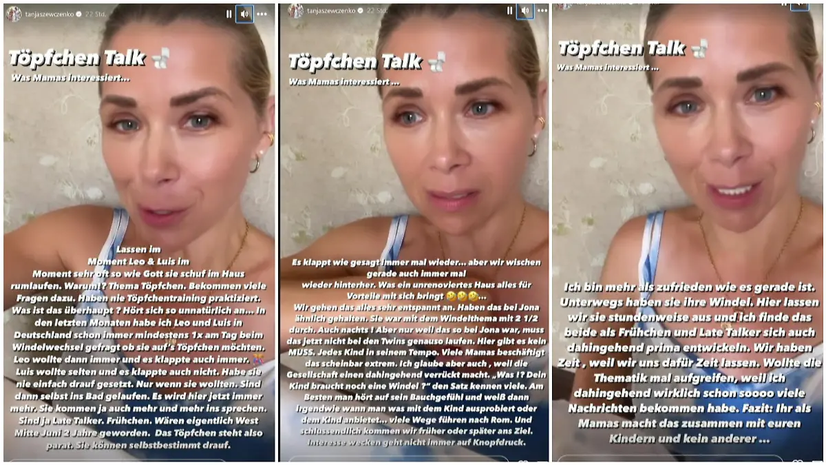 Tanja Szewczenko schreibt in ihrer Instagram-Story über Töpfchentraining ihrer Zwillinge.