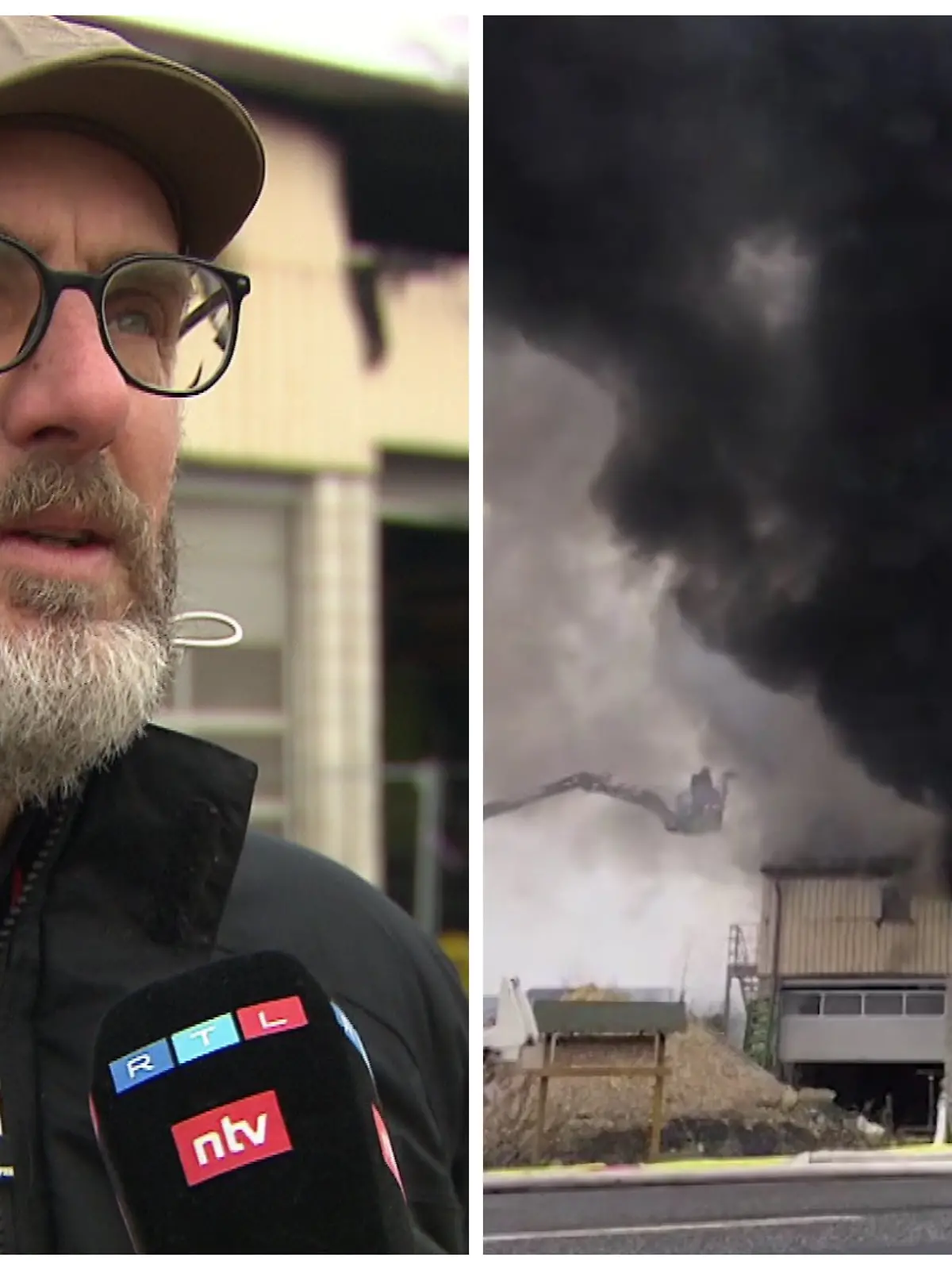 Fotokollage: Links der betroffene Landwirt Martin Schnepp, rechts brennender Geräteschuppen