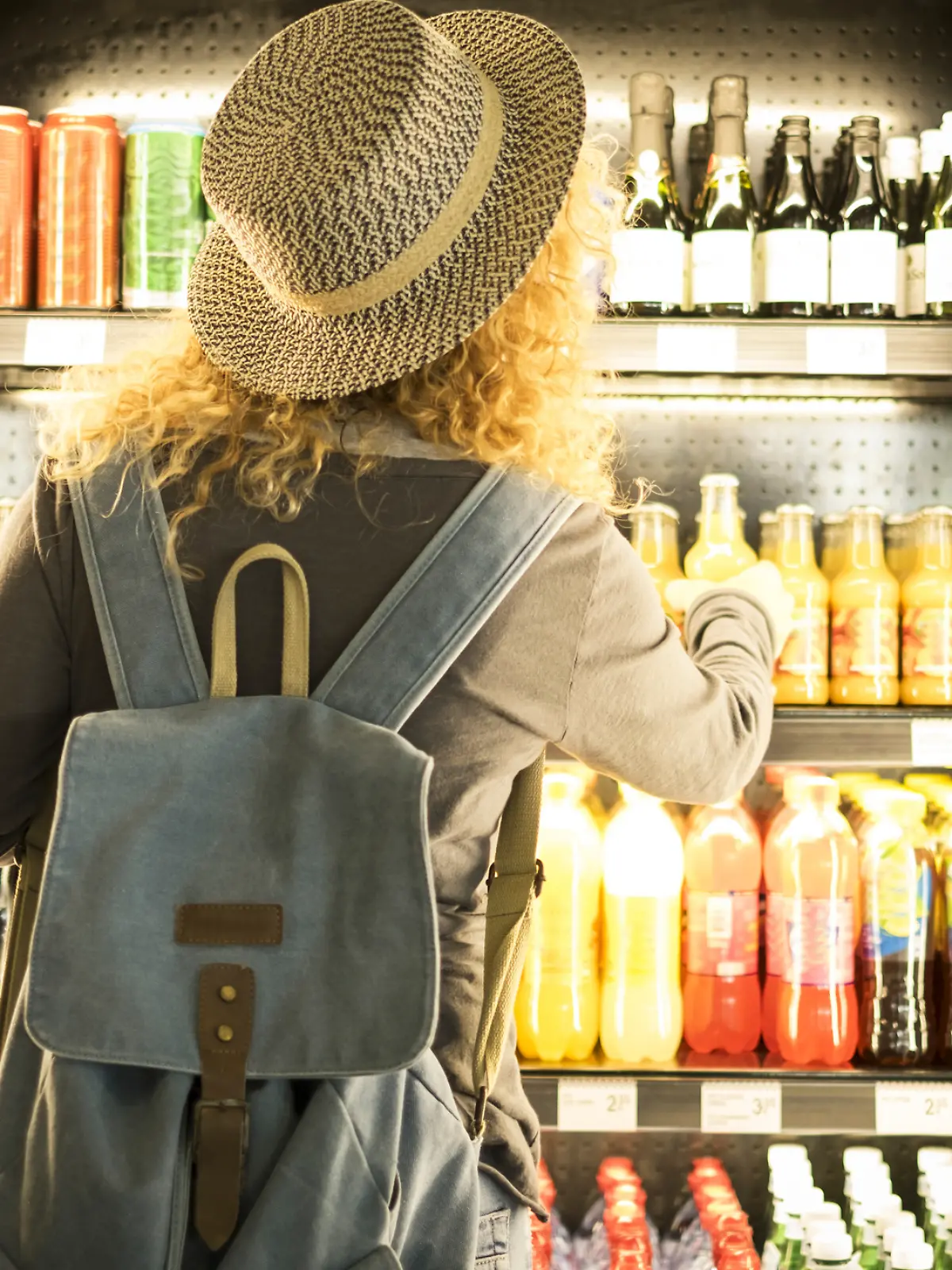 Eine junge Frau steht vor einem Kiosk-Kühlschrank, um ein alkoholisches Getränk auszuwählen.