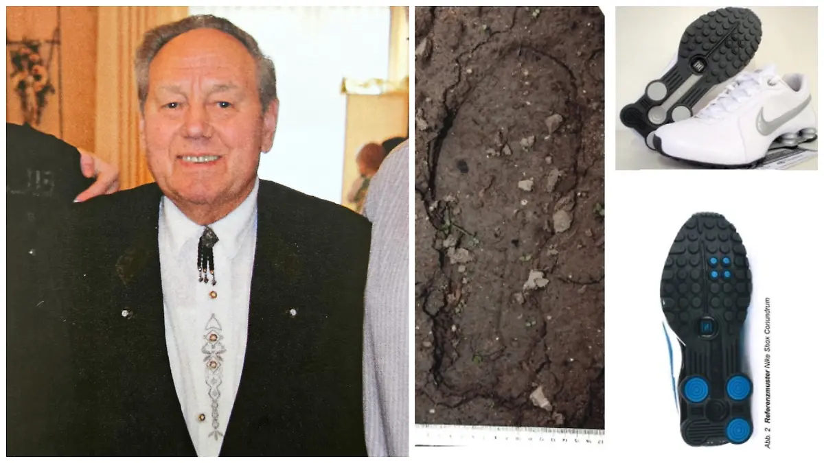 Collage: Links im Bild getöteter Rentner, rechts im Bild Fußabdruck und Schuhe von mutmaßlichem Täter