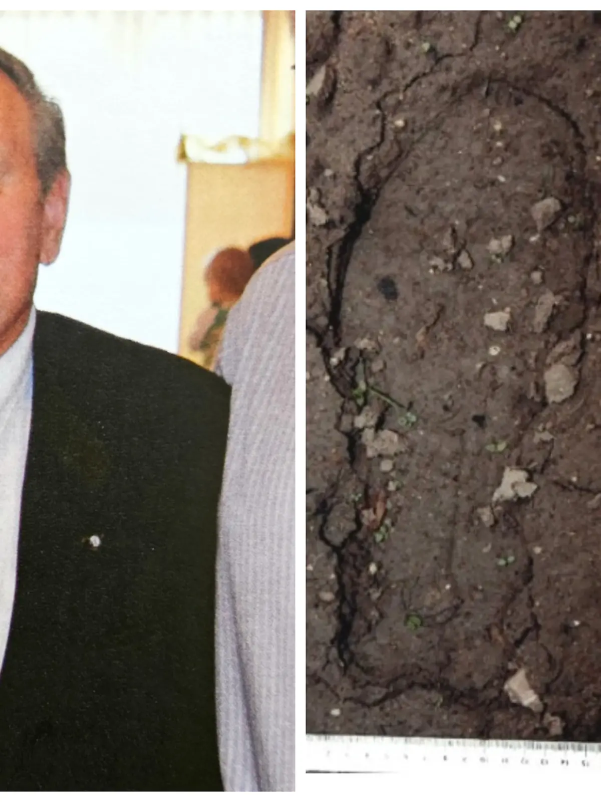 Collage: Links im Bild getöteter Rentner, rechts im Bild Fußabdruck und Schuhe von mutmaßlichem Täter 