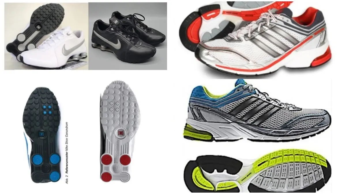 Collage: Links im Bild Sportschuhe von Nike, rechts im Bild Sportschuhe von Adidas.