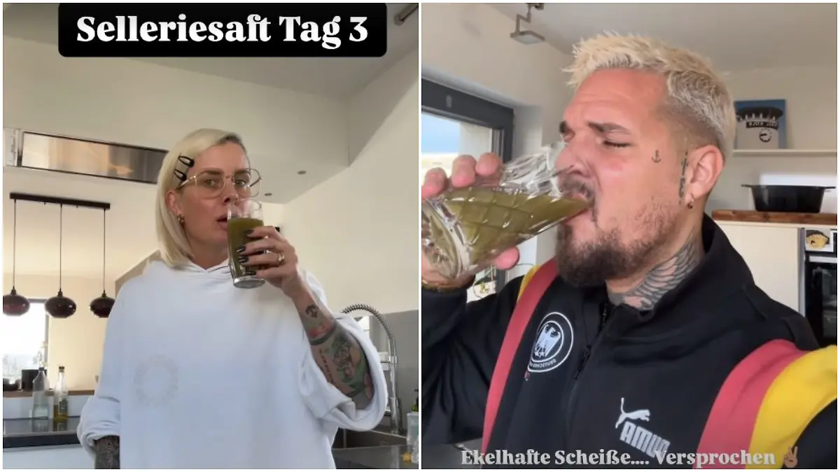 Pia Tillmann und Zico Banach trinken Selleriesaft