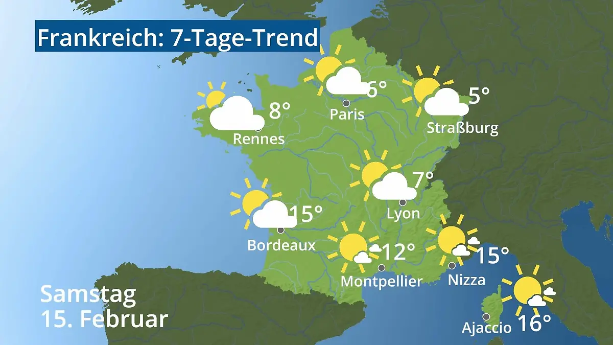 Video 7-Tage-Trend: Paris, Straßburg, Nizza, Korsika Frankreich: Wie wird das Wetter?