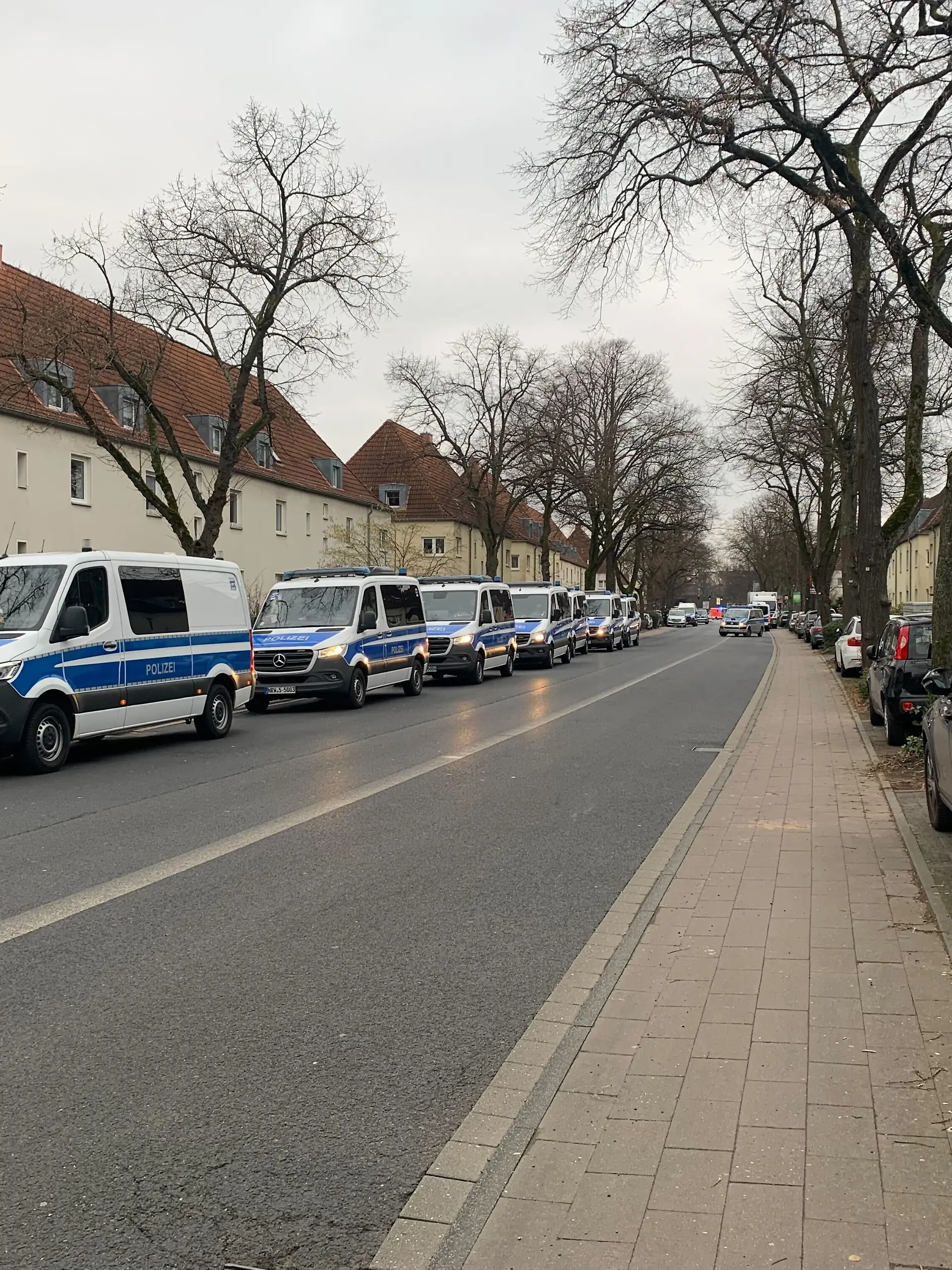 Einsatzfahrzeuge parken in einer Straße. 