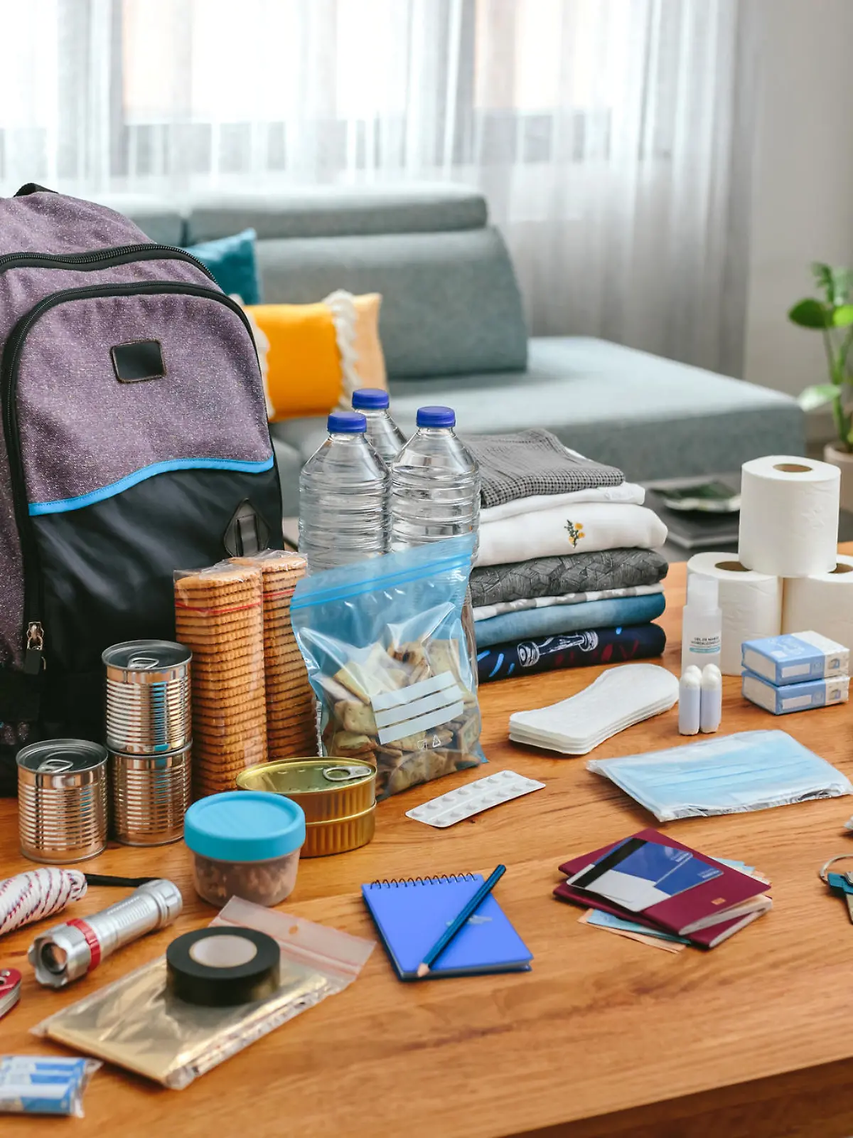Emergency backpack equipment organized on the table in the living room