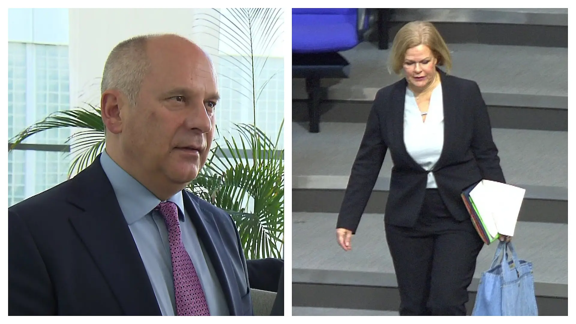 Collage: Links im Bild Hessens Innenminister Roman Poseck, rechts im Bild Bundesinnenministerin Nancy Faeser