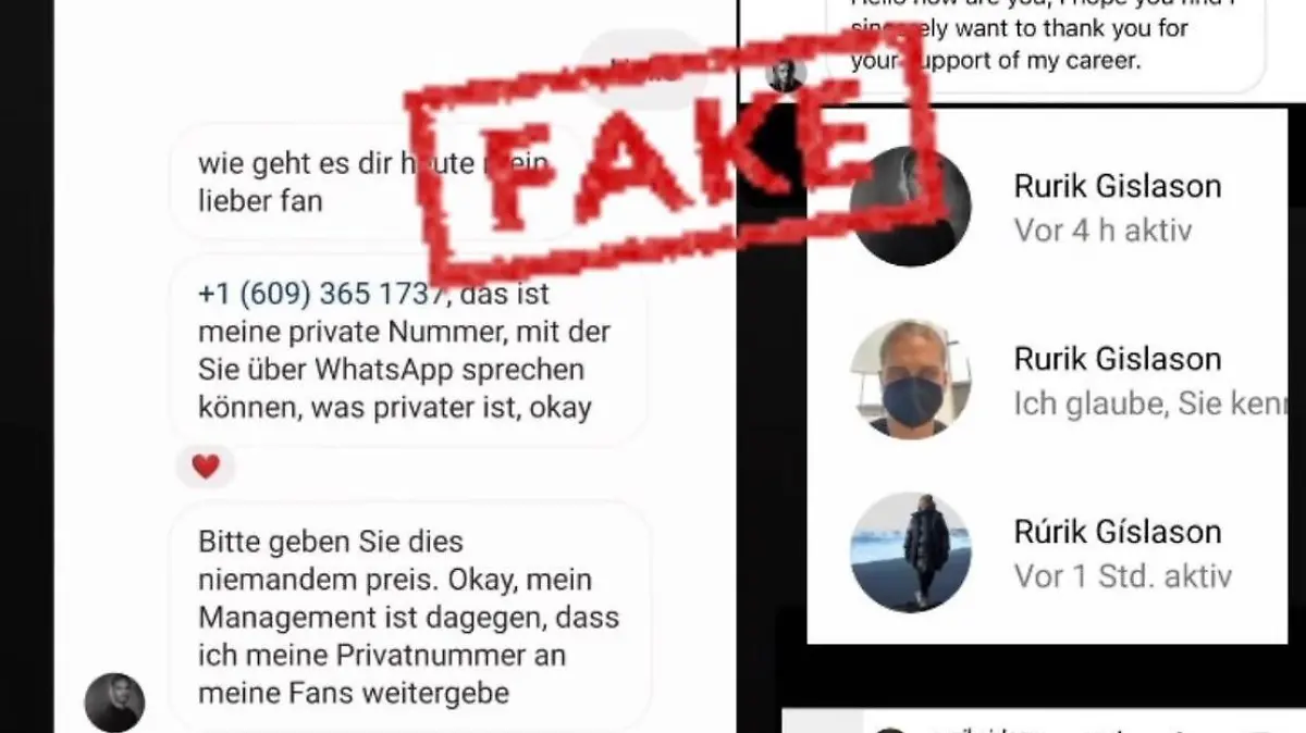 So sehen die vermeintlichen Nachrichten von Rurik Gislason an seine Fans aus. Der Star warnt: Sie sind Fake!
