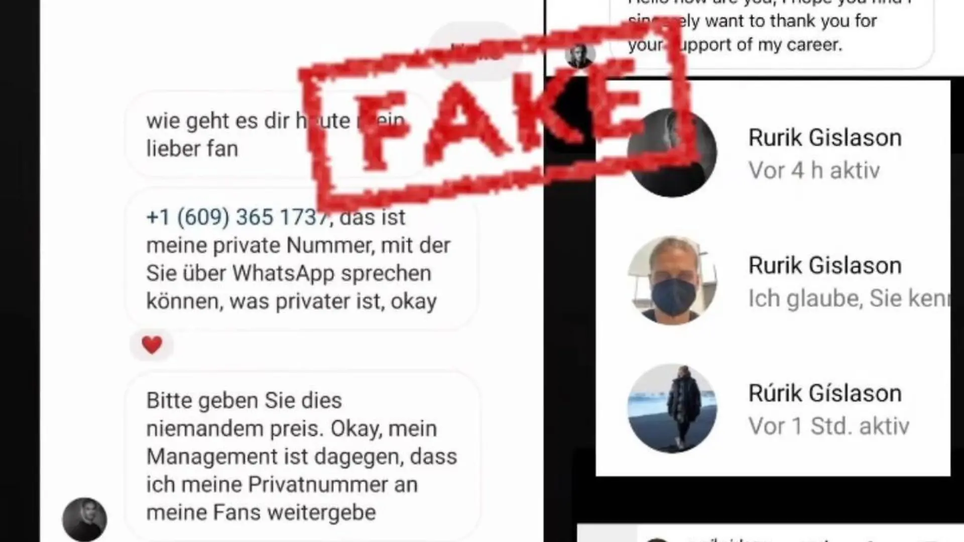 So sehen die vermeintlichen Nachrichten von Rurik Gislason an seine Fans aus. Der Star warnt: Sie sind Fake!