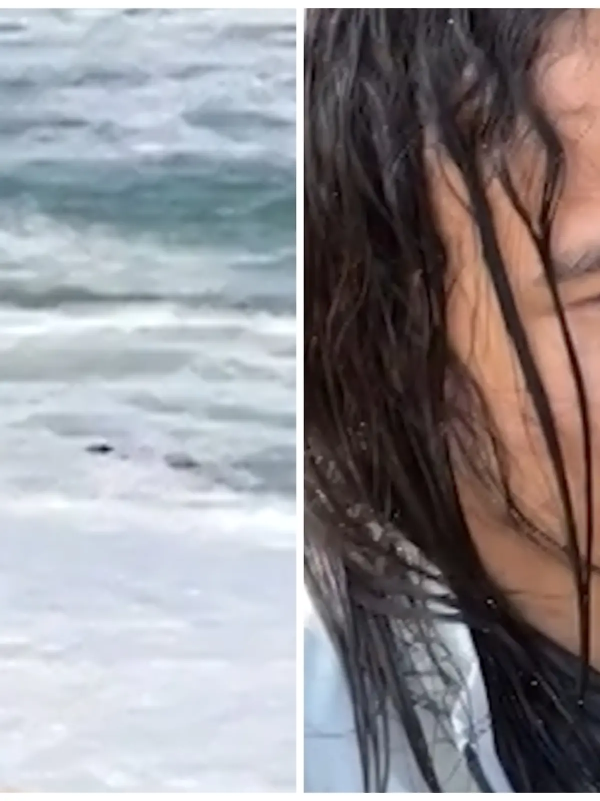 Fotokollage: Links springt der Mann ins Meer, rechts sitzt er danach außer Atem am Strand
