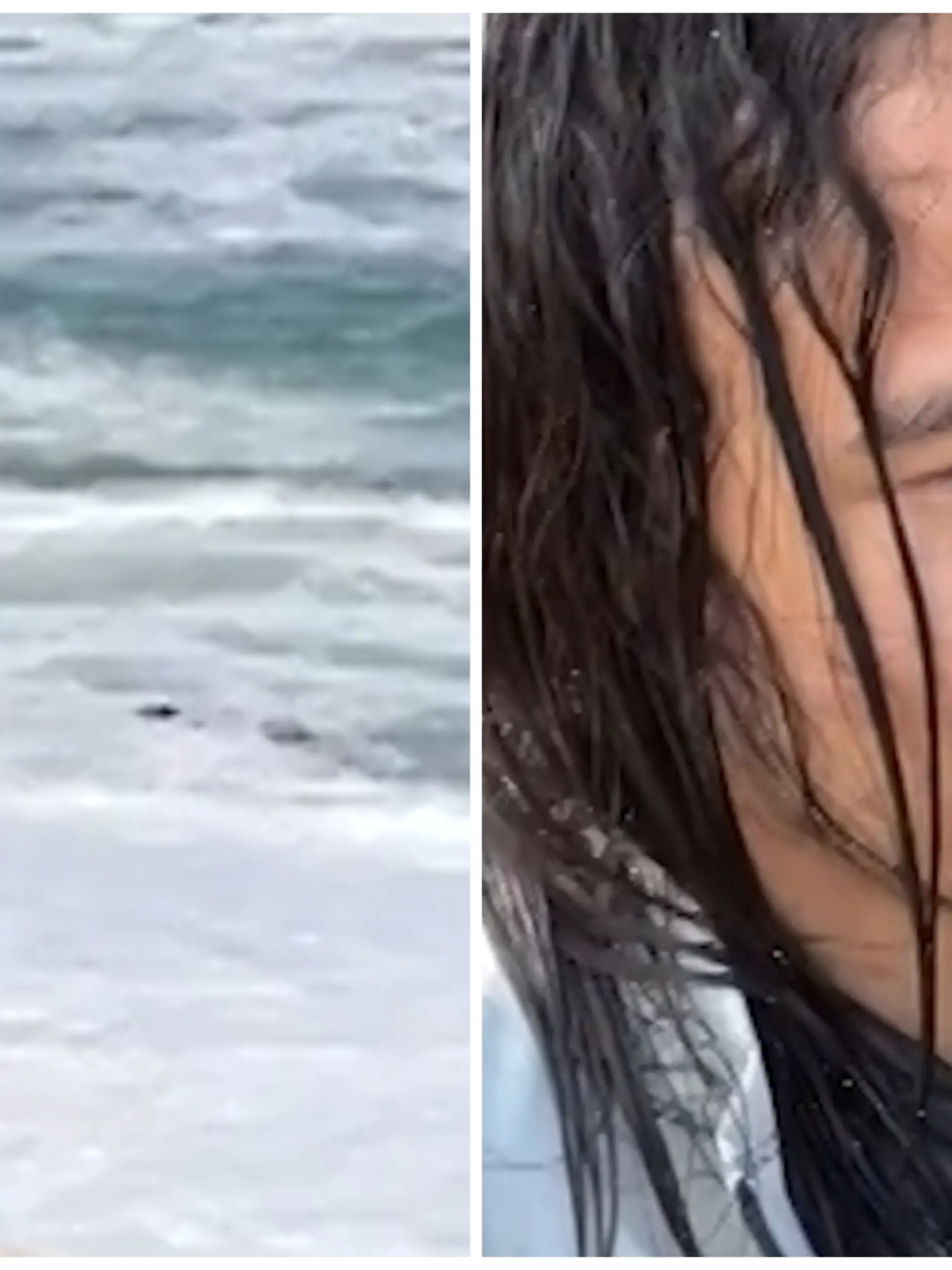 Fotokollage: Links springt der Mann ins Meer, rechts sitzt er danach außer Atem am Strand