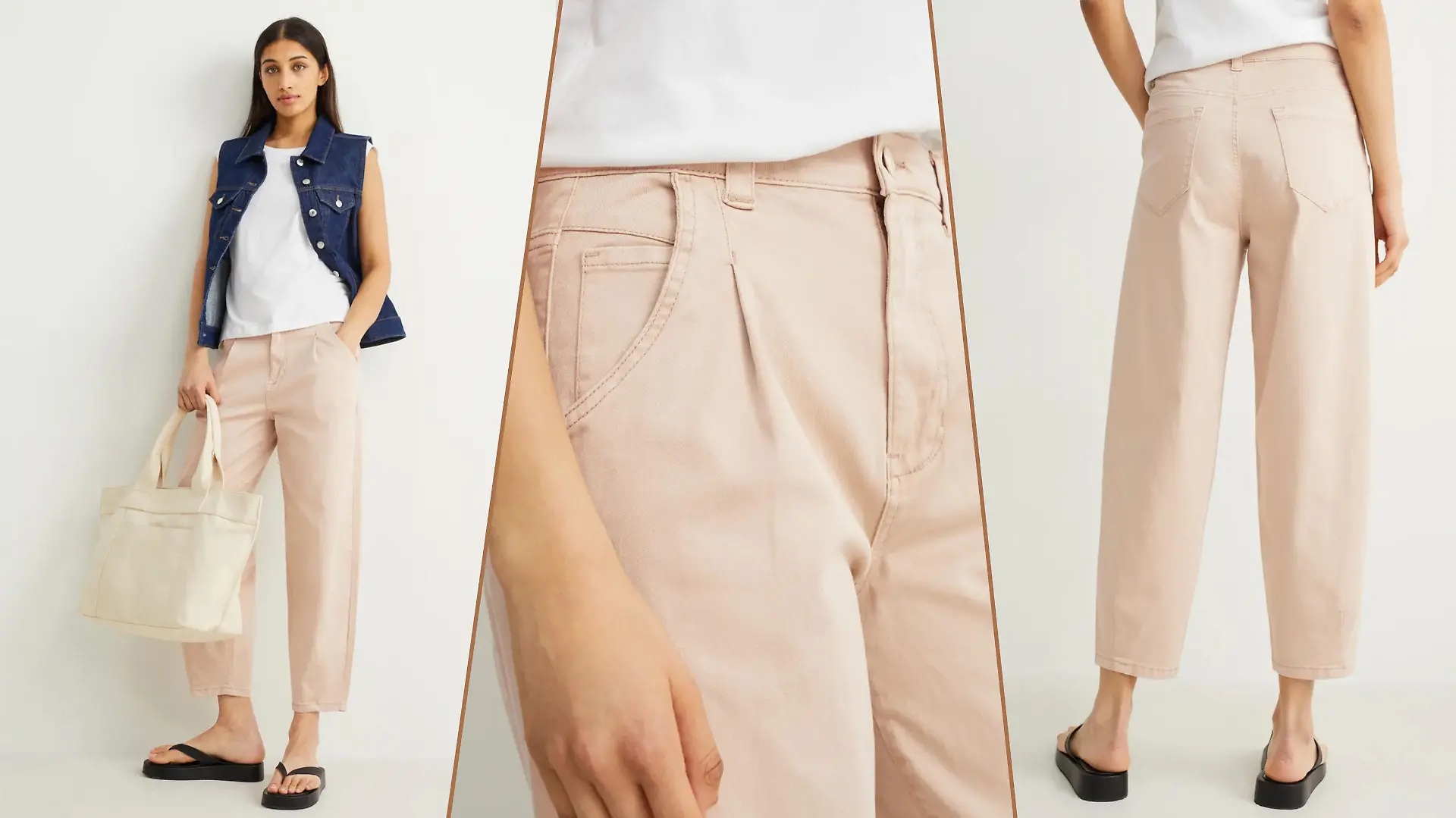 Ein C&A-Modell trägt eine beige Chino mit einem weißen Shirt und einer Denim-Weste.