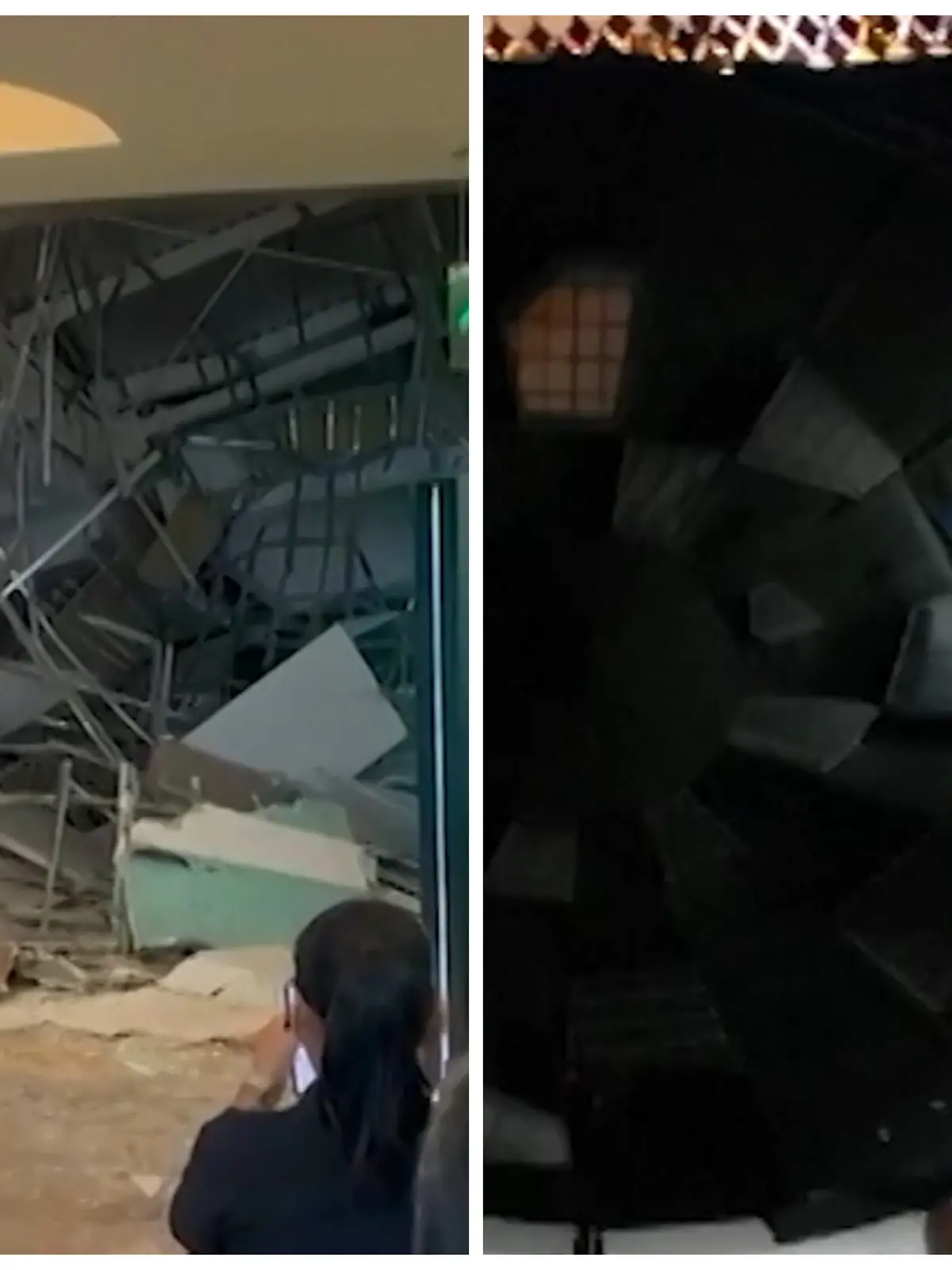 Fotokollage: Links der Blick in die Trümmer, rechts ein Drohnenbild aus der Luft.