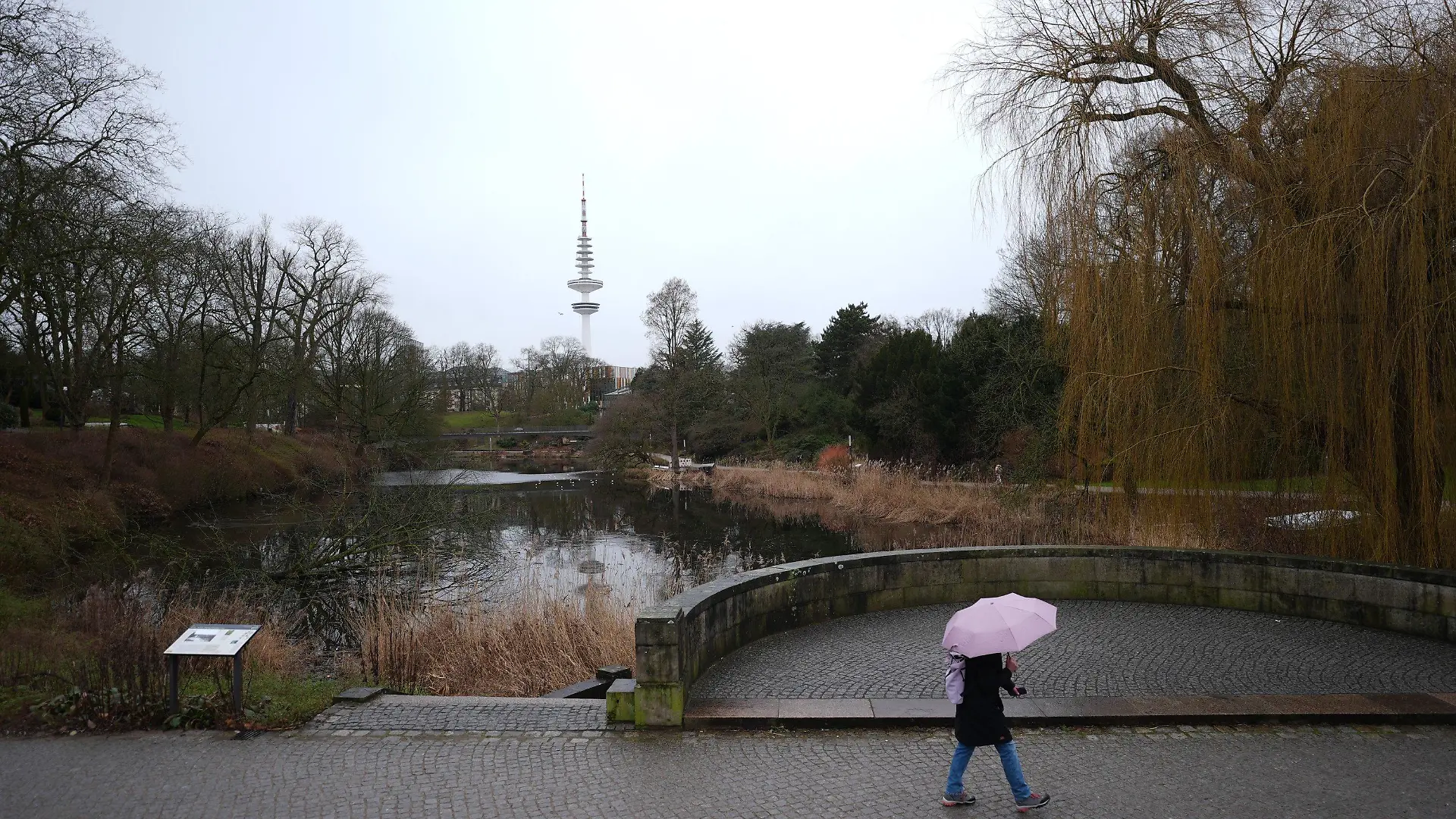 ARCHIV - 24.01.2025, Hamburg: Eine Passantin geht mit einem Regenschirm durch den Park ·Planten un Blomen·. (zu dpa: «Milder Januar in Hamburg - kaum Schnee, viel Regen und Sonne») Foto: Marcus Brandt/dpa +++ dpa-Bildfunk +++
