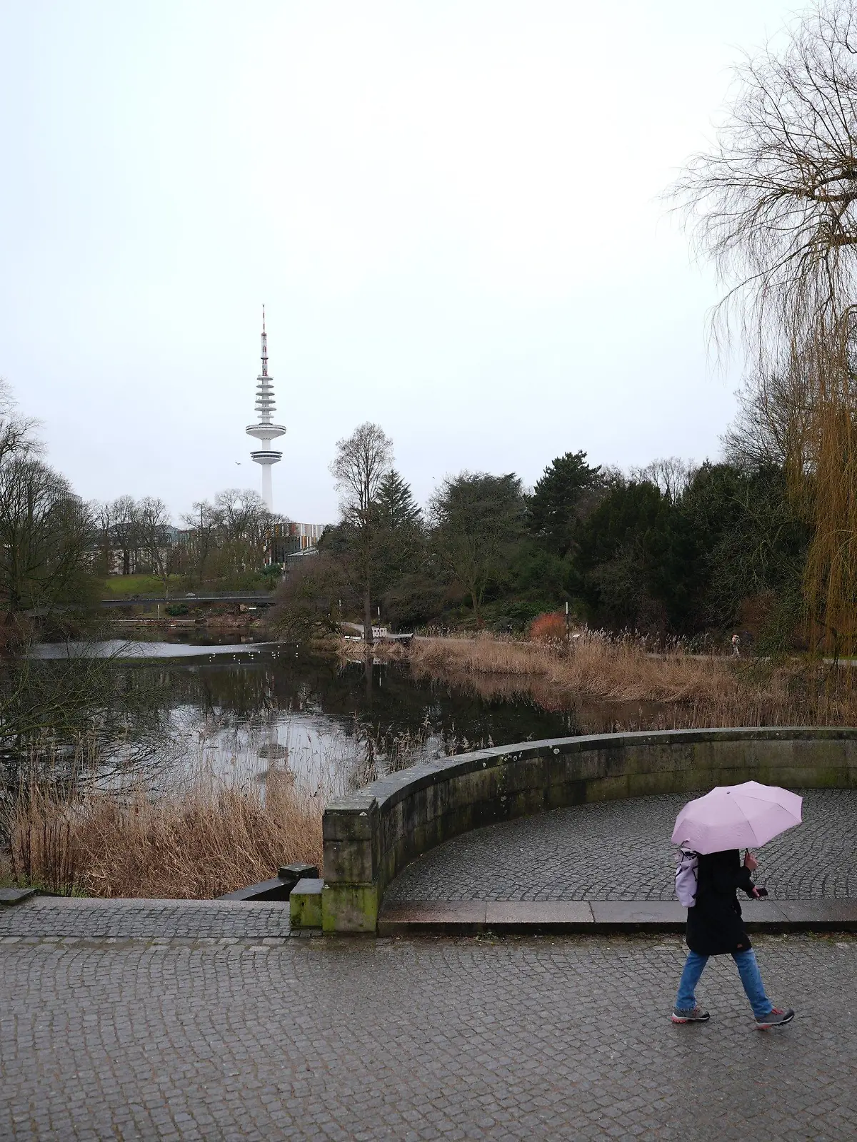 ARCHIV - 24.01.2025, Hamburg: Eine Passantin geht mit einem Regenschirm durch den Park ·Planten un Blomen·. (zu dpa: «Milder Januar in Hamburg - kaum Schnee, viel Regen und Sonne») Foto: Marcus Brandt/dpa +++ dpa-Bildfunk +++
