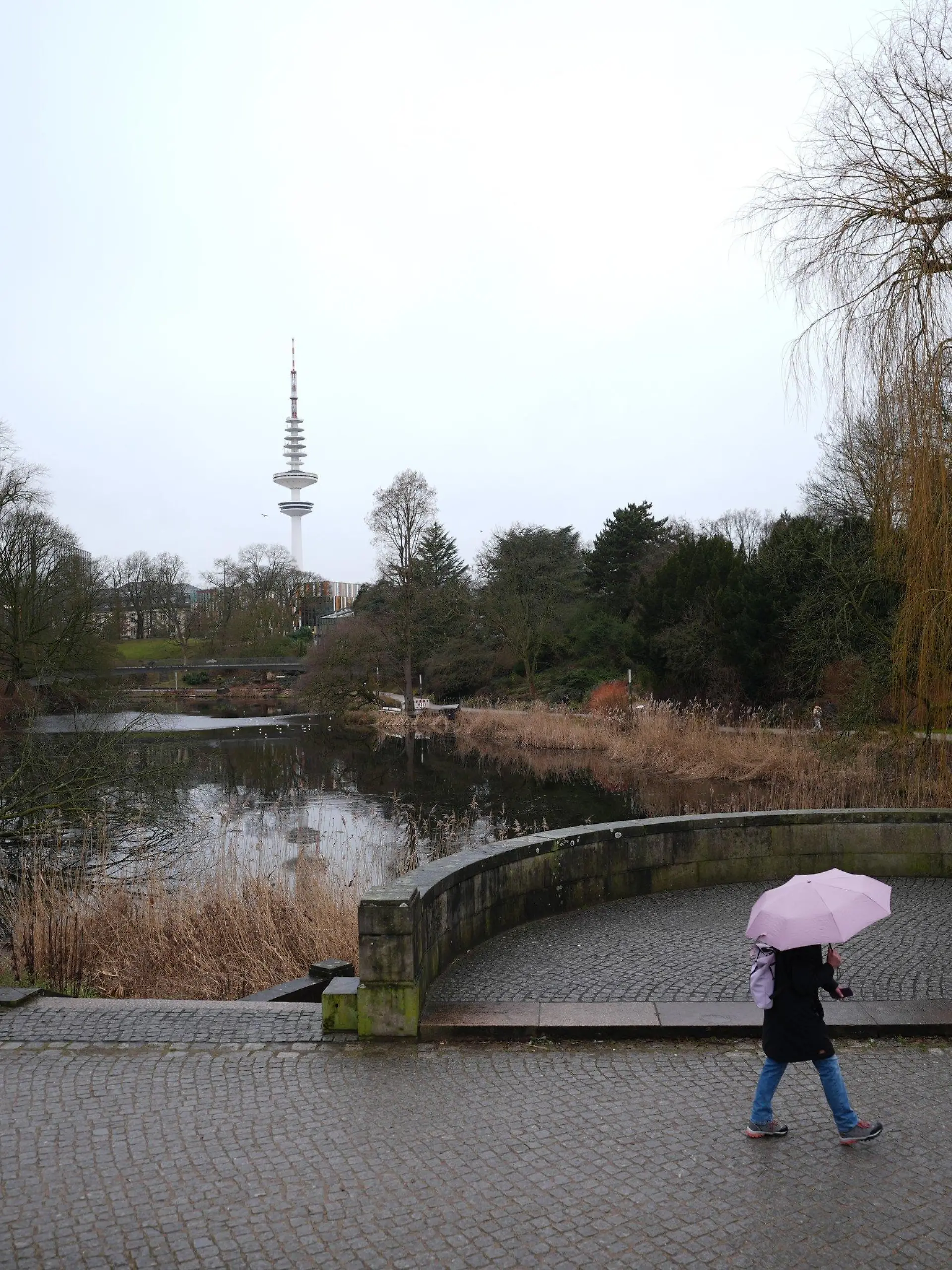 ARCHIV - 24.01.2025, Hamburg: Eine Passantin geht mit einem Regenschirm durch den Park ·Planten un Blomen·. (zu dpa: «Milder Januar in Hamburg - kaum Schnee, viel Regen und Sonne») Foto: Marcus Brandt/dpa +++ dpa-Bildfunk +++