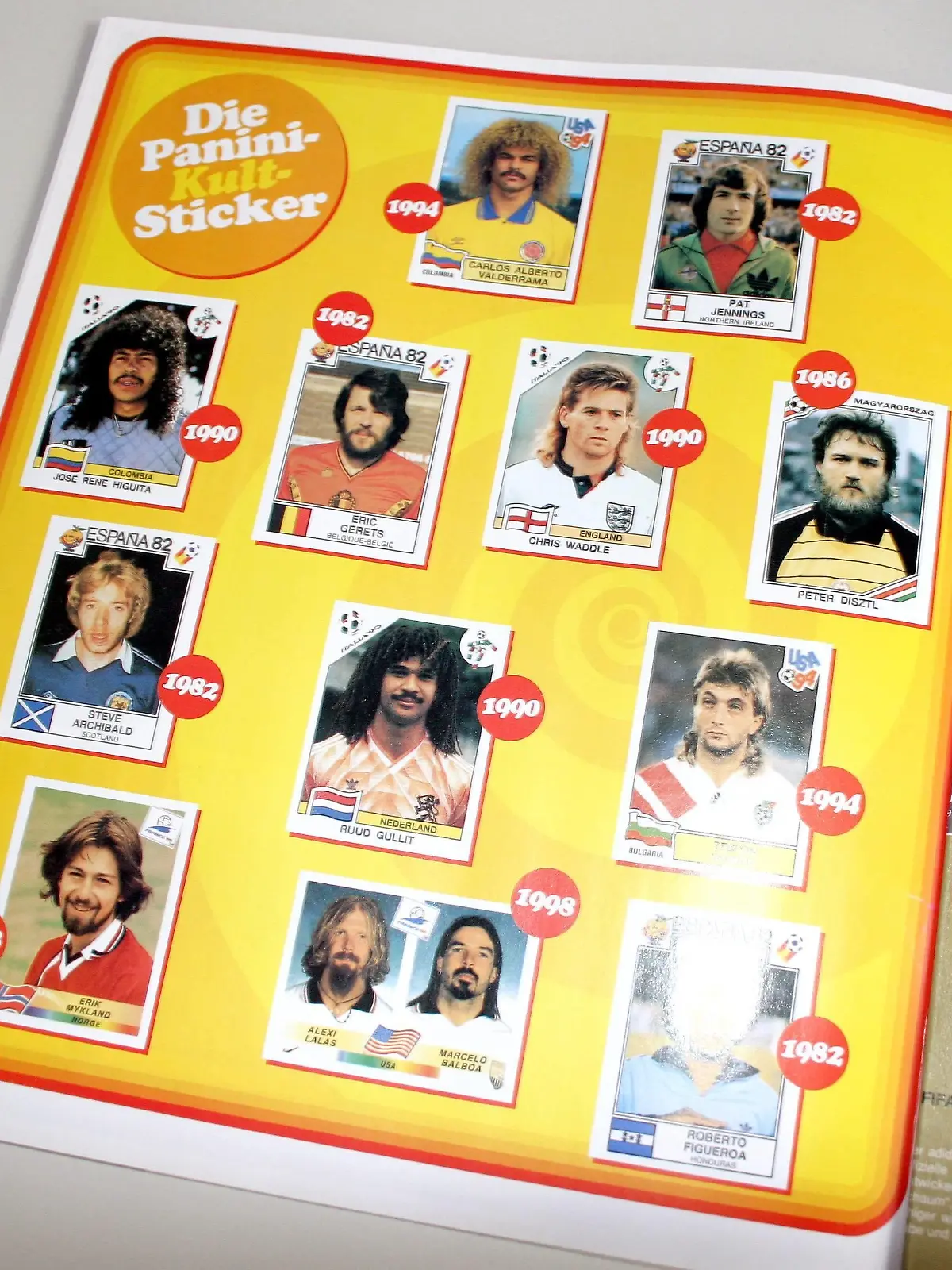 Bildnummer: 02123634  Datum: 01.04.2006  Copyright: imago/Waldmüller
Kultsticker des Panini Sammelheftes weisen auf Spieler mit extravaganten Haaren hin, o.v.li.: Carlos Valderrama (Kolumbien), Torwart Pat Jennings (Nordirland), Torwart Jose Rene Higuita (Kolumbien), Chris Waddle (England), Torwart Peter Disztl (Ungarn)...; ...Steve Archibald (Schottland), Ruud Gullit (Niederlande), Trifon Ivanov (Bulgarien), Erik Mykland (Norwegen), Alexi Lalas und Marcelo Balboa (beide USA); Vdig, hoch, Sammelheft, Kult, sammeln, Sammelleidenschaft, Aufkleber, Sticker, Klebebild, Bilder Vorschau 2006, Nationalmannschaft, Nationalteam, langhaarige Heft Paninibild o0 Sammelbilder Sticker Sammelbild, Frisur, Frisuren, langhaarig Aufnahmedatum geschätzt Bild Haare o0 Sammelalbum Fußball WM Herren Mannschaft Gruppenbild Randmotiv Objekte