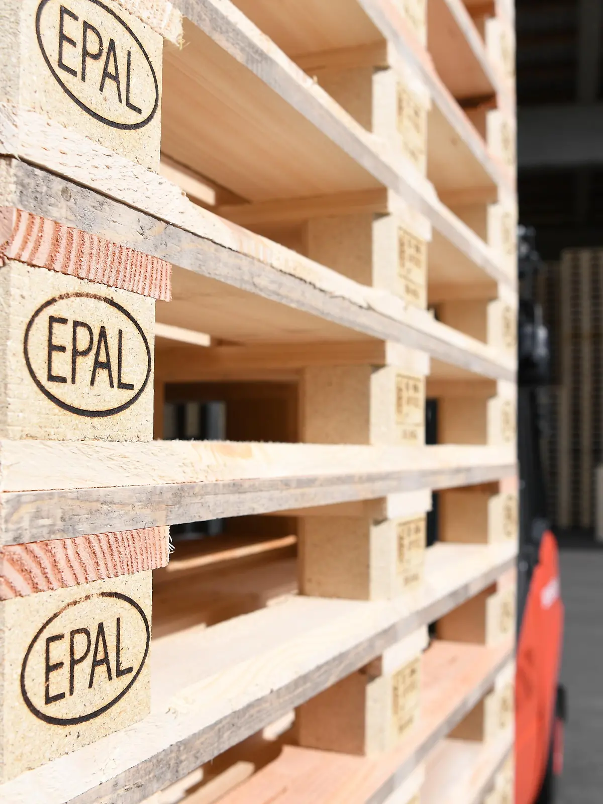 10.04.2018, Baden-Württemberg, Rot an der Rot: Ein Gabelstapler transportiert einen Stapel Euro-Paletten auf dem Gelände des Palettenherstellers Rau Palettenwerk Gmbh & Co KG. Foto: Felix Kästle/dpa