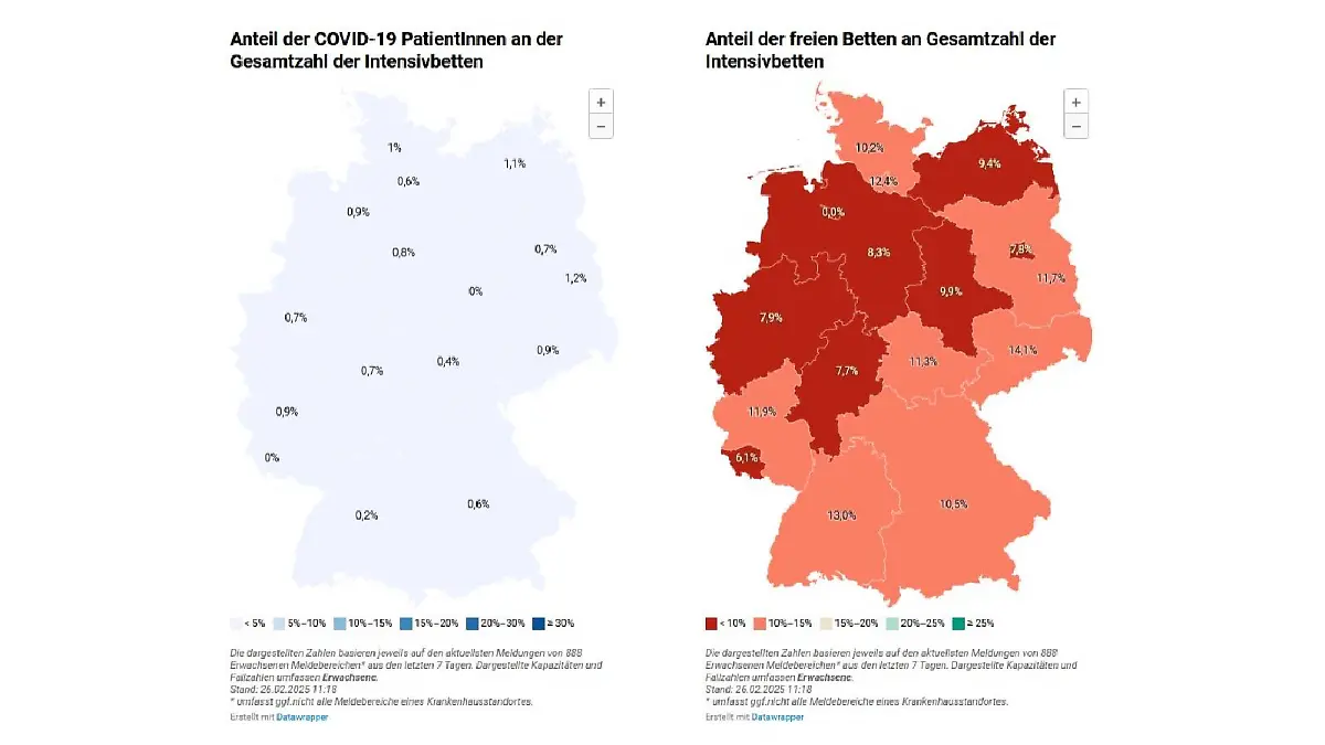 Diese Karte zeigt, den Anteil der freien Betten an der Gesamtzahl der Intensivbetten in Deutschland.