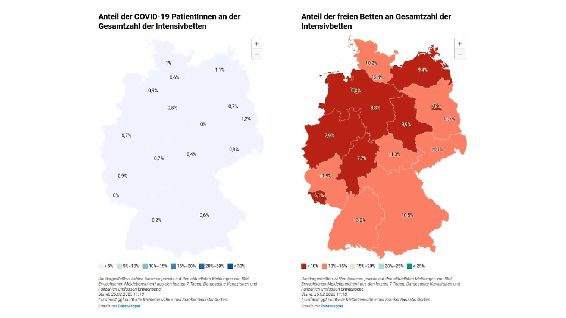 Diese Karte zeigt, den Anteil der freien Betten an der Gesamtzahl der Intensivbetten in Deutschland.