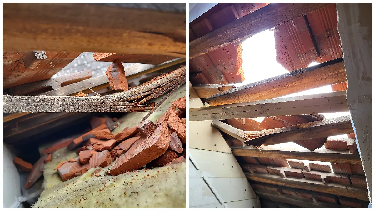 Fotokollage: Das Loch im Dach aus zwei Blickwinkeln