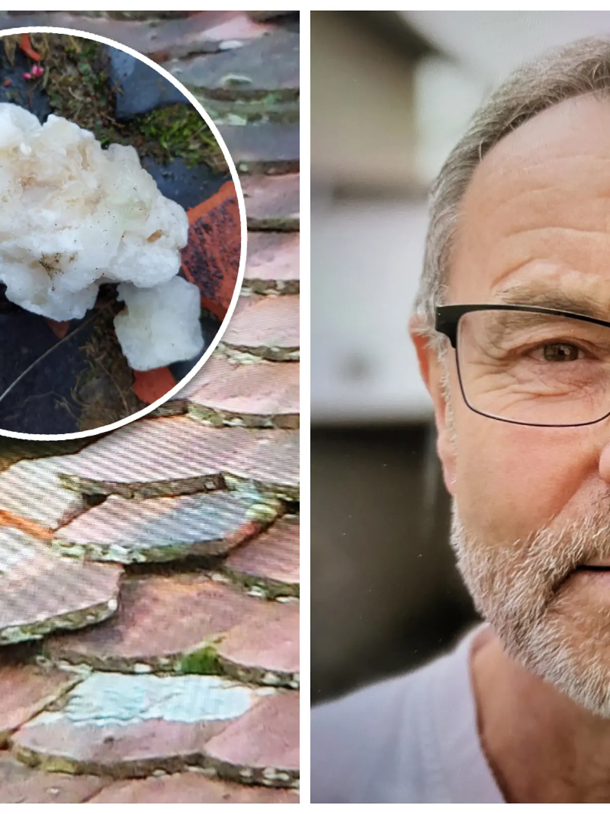Fotokollage: Links das Loch im Dach und der Eisklotz, rechts Fridbald Schraub