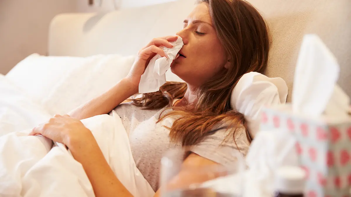 Frau liegt mit Grippe im Bett.