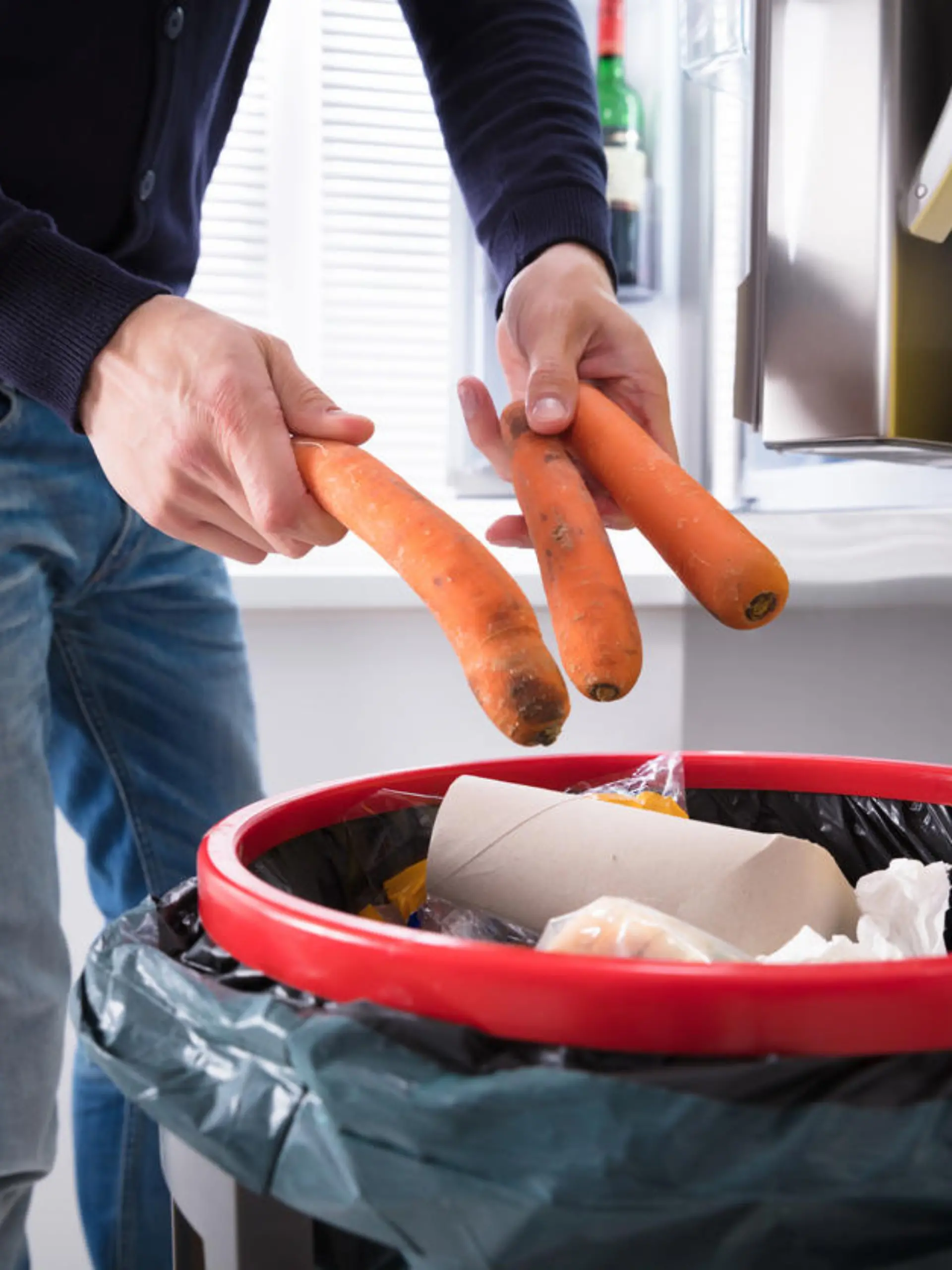 Close-up Of A Person's Hand Throwing Carrot In Dustbin