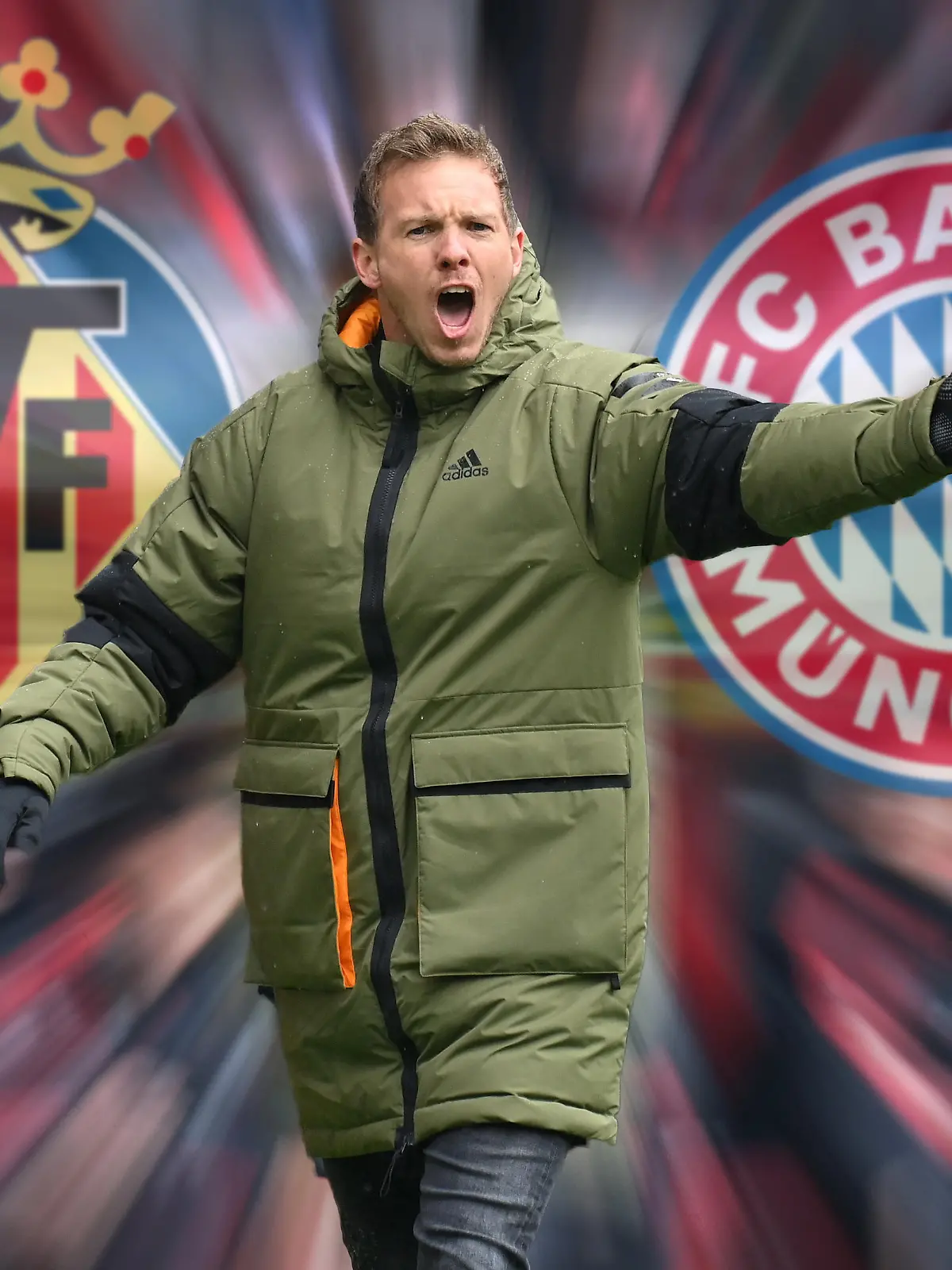 FOTOMONTAGE: VORSCHAU zum Champions League Viertelfinale FC Villarreal - FC Bayern Muenchen. Trainer Julian NAGELSMANN (Bayern Muenchen), Gestik,gibt Anweisungen, Einzelbild,angeschnittenes Einzelmotiv,Halbfigur,halbe Figur.