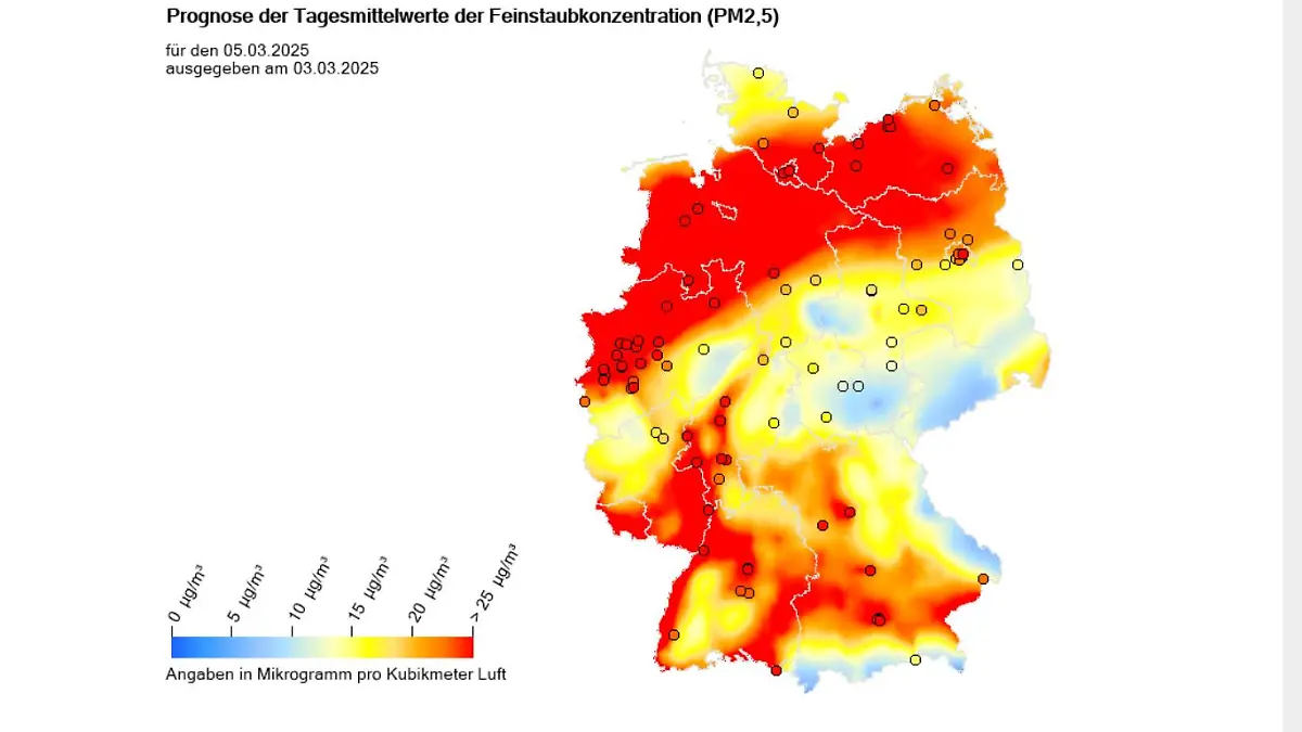 Prognose der Tagesmittelwerte der Feinstaubkonzentration (PM2,5) für den Mittwoch, 05. 03. 2025