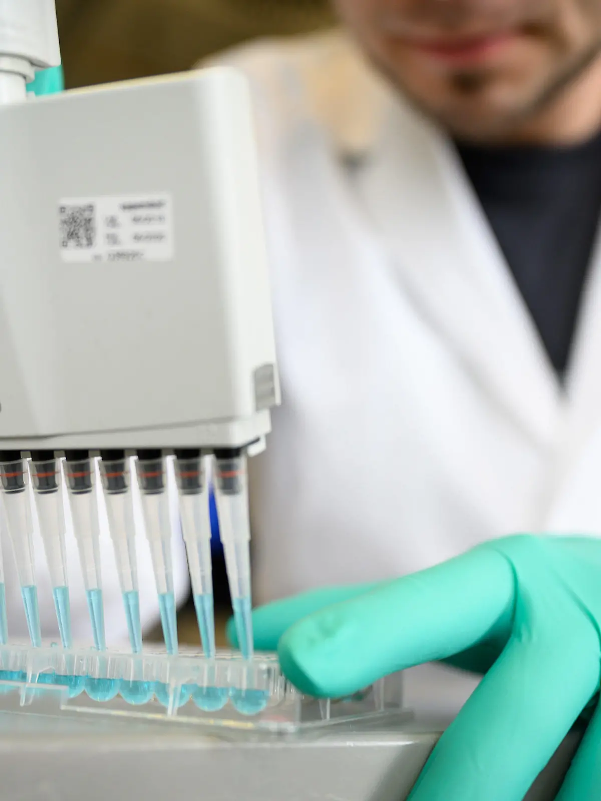 ARCHIV - 24.02.2020, Baden-Württemberg, Tübingen: Ein Mann pipettiert in einem Labor eines biopharmazeutischen Unternehmens eine blaue Flüssigkeit. In den Tarifverhandlungen für rund 580 000 Beschäftigte in der deutschen Chemie- und Pharmaindustrie gibt es zunächst nur einen Teilabschluss. (zu dpa "«Brücken-Tarifvertrag» für Chemie: Einmalzahlung von 1400 Euro") Foto: Sebastian Gollnow/dpa +++ dpa-Bildfunk +++