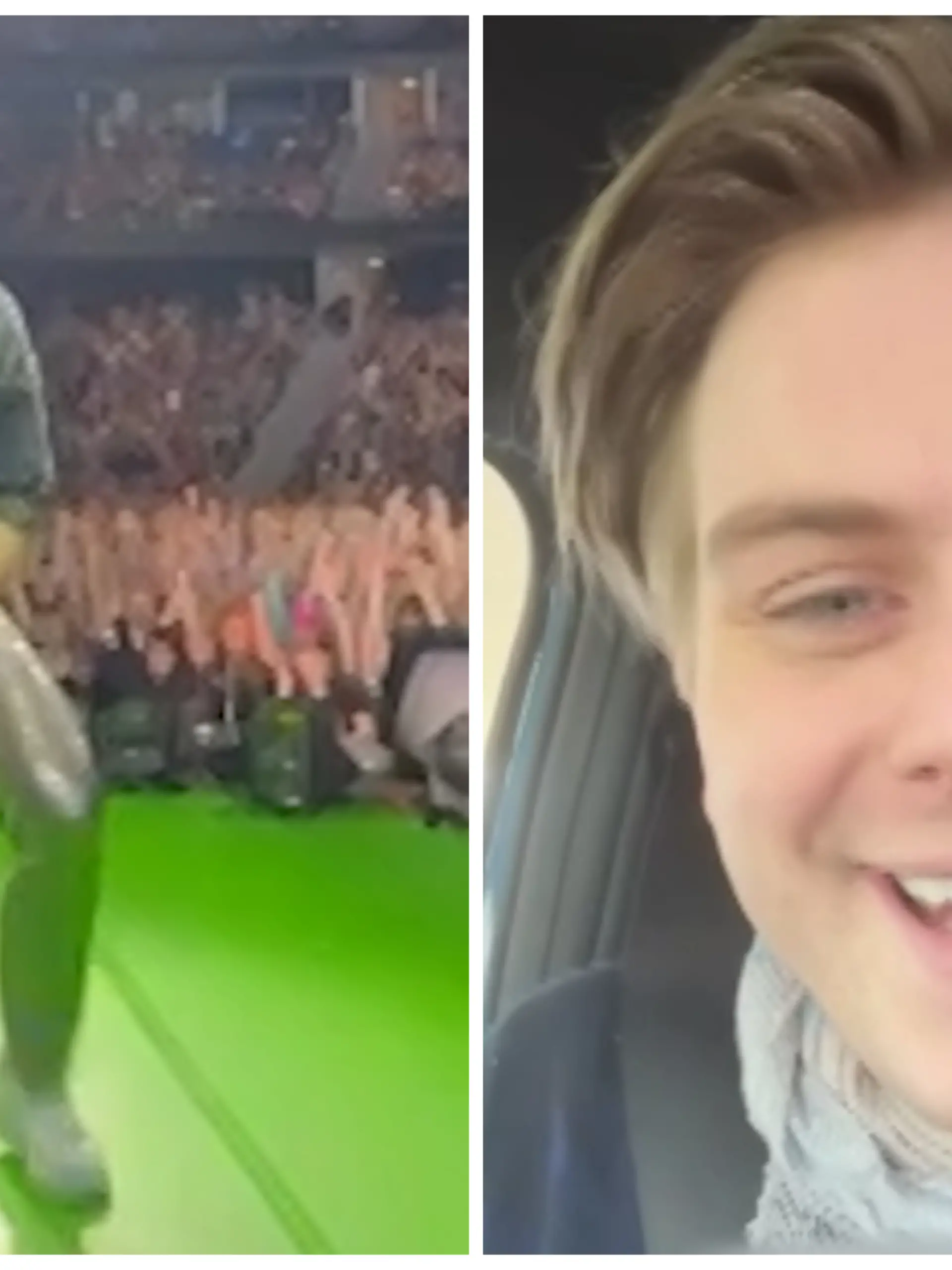 Fotocollage: Links Vincent packt sich auf der Bühne zwischen die Beine, rechts Vincent in einer Instagram-Story im Selfie-Modus