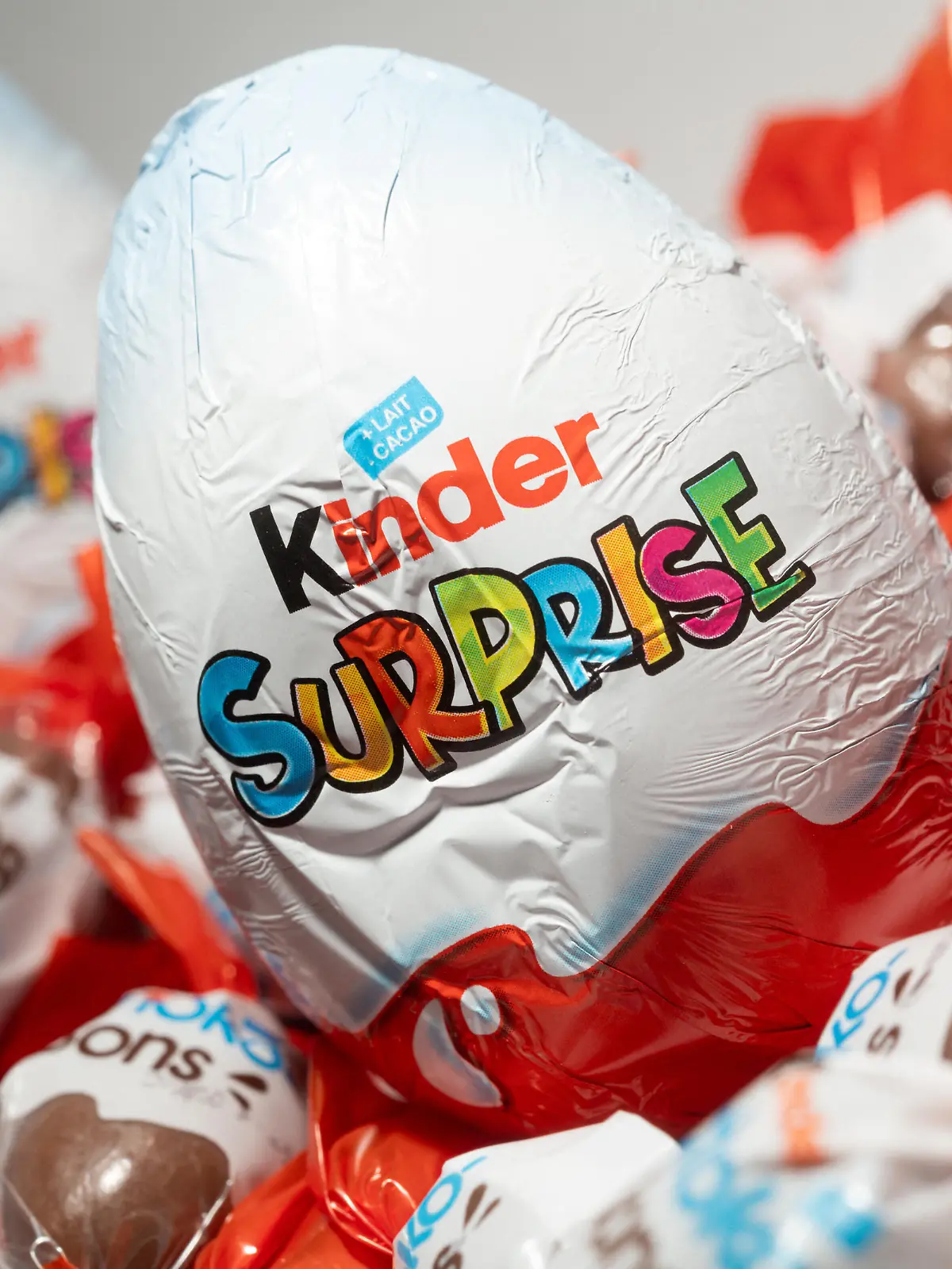 This photograph shows Kinder Surprise and Kinder Shokobons as a warning on Salmonella bacteria has been issued and products called back, taken in a studio in Clamart, on the outskirt of Paris, France on April 5, 2022. Photo by Daniel Derajinski/ABACAPRESS.COM