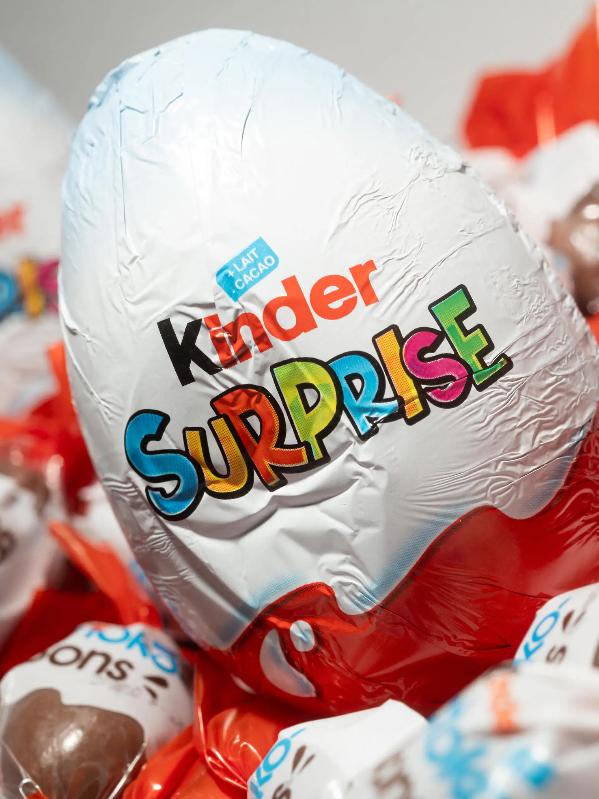 This photograph shows Kinder Surprise and Kinder Shokobons as a warning on Salmonella bacteria has been issued and products called back, taken in a studio in Clamart, on the outskirt of Paris, France on April 5, 2022. Photo by Daniel Derajinski/ABACAPRESS.COM