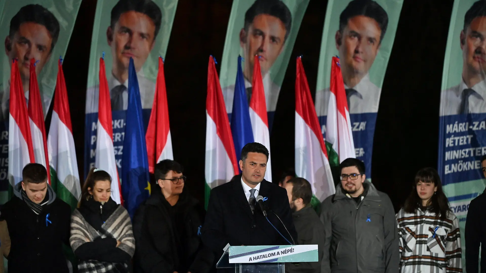 Peter Marki-Zay, leader of the six-party opposition coalition United For Hungary, delivers his speech after the general election and national referendum on the child protection law in Budapest, Hungary, Sunday, April 3, 2022. (Tibor Illyes/MTI via AP)