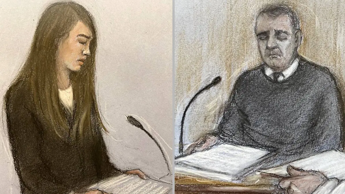 Amy (l.) und John Hunt auf Gerichtsskizzen der Zeichnerin Elizabeth Cook