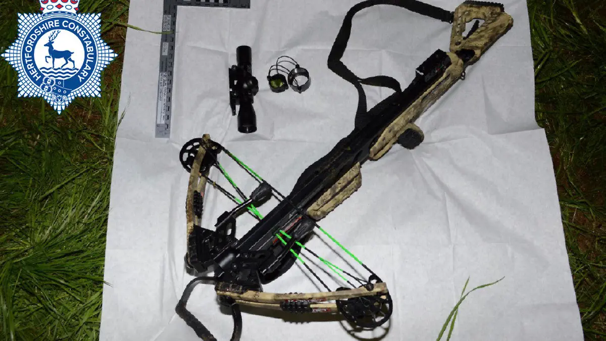 Thius undated handout photo issued on Wednesday March 6, 2025 by the Hertfordshire Police shows the crossbow used by Kyle Clifford who has been found guilty at Cambridge Crown Court of raping his ex-partner Louise Hunt in an attack which saw him murder her and her sister with a crossbow and their mother with a butcher’s knife. (Hertfordshire Police via AP)
