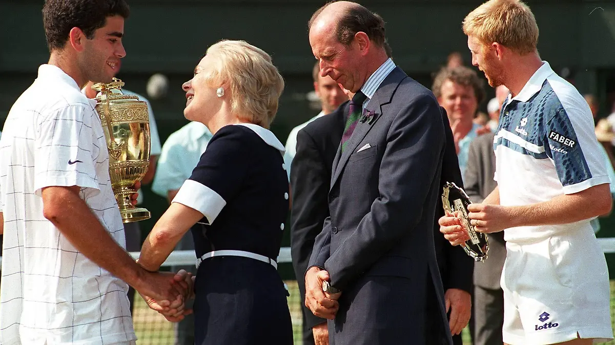 From Left to Right:- PETE SAMPRAS Professional Tennis Player From USA. HRH DUCHESS OF KENT HRH DUKE OF KENT BORIS BECKER Professional Tennis Player. From Germany. (Seen at the 1995 Wimbledon Tennis Championships) Universal Pictorial Press Photo UGL 009812/C-13 09.07.1995